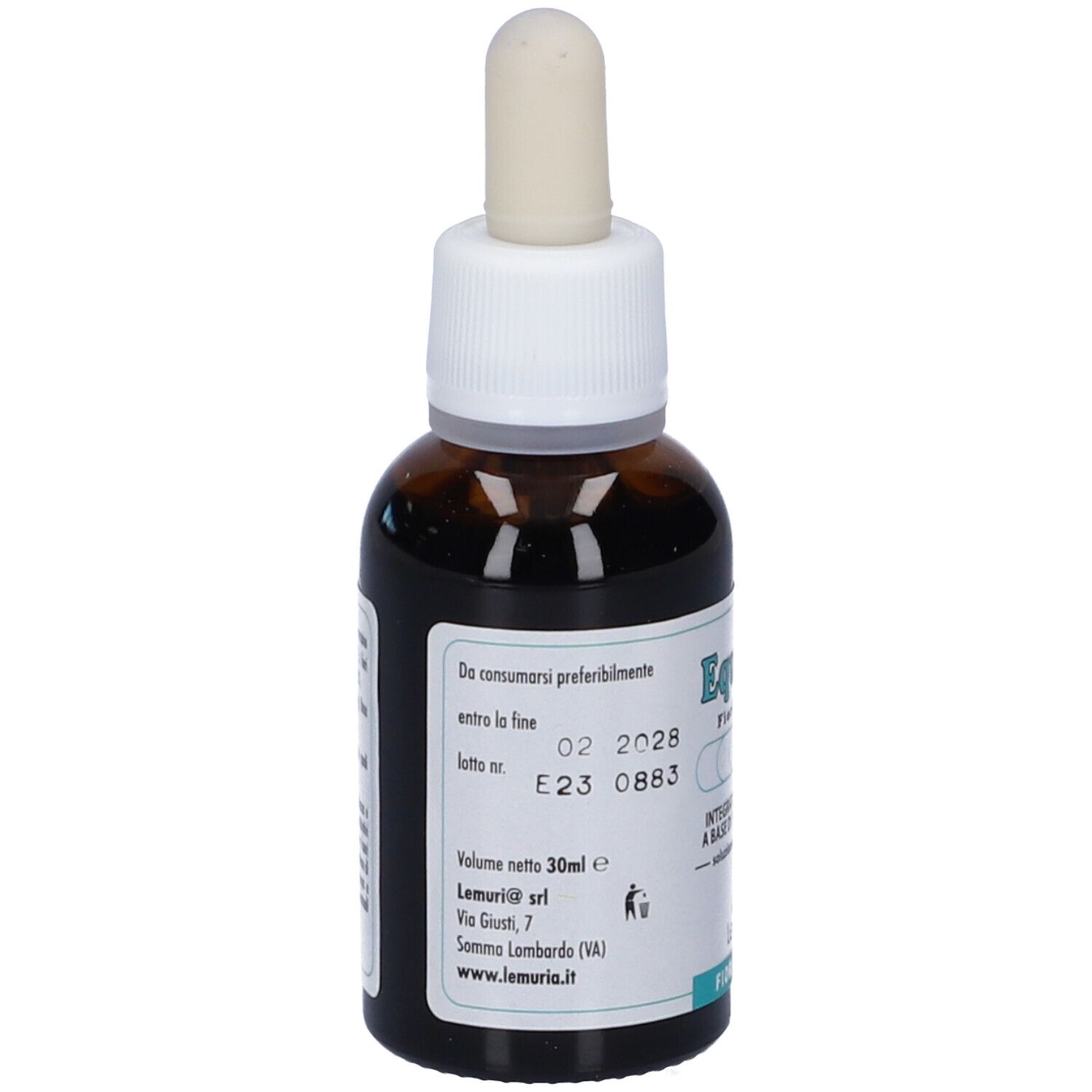 Flacone di vetro marrone con contagocce. Scritta: Equilibre 6, soluzione bevibile. Marchio: Lemuria. Informazioni sul retro.