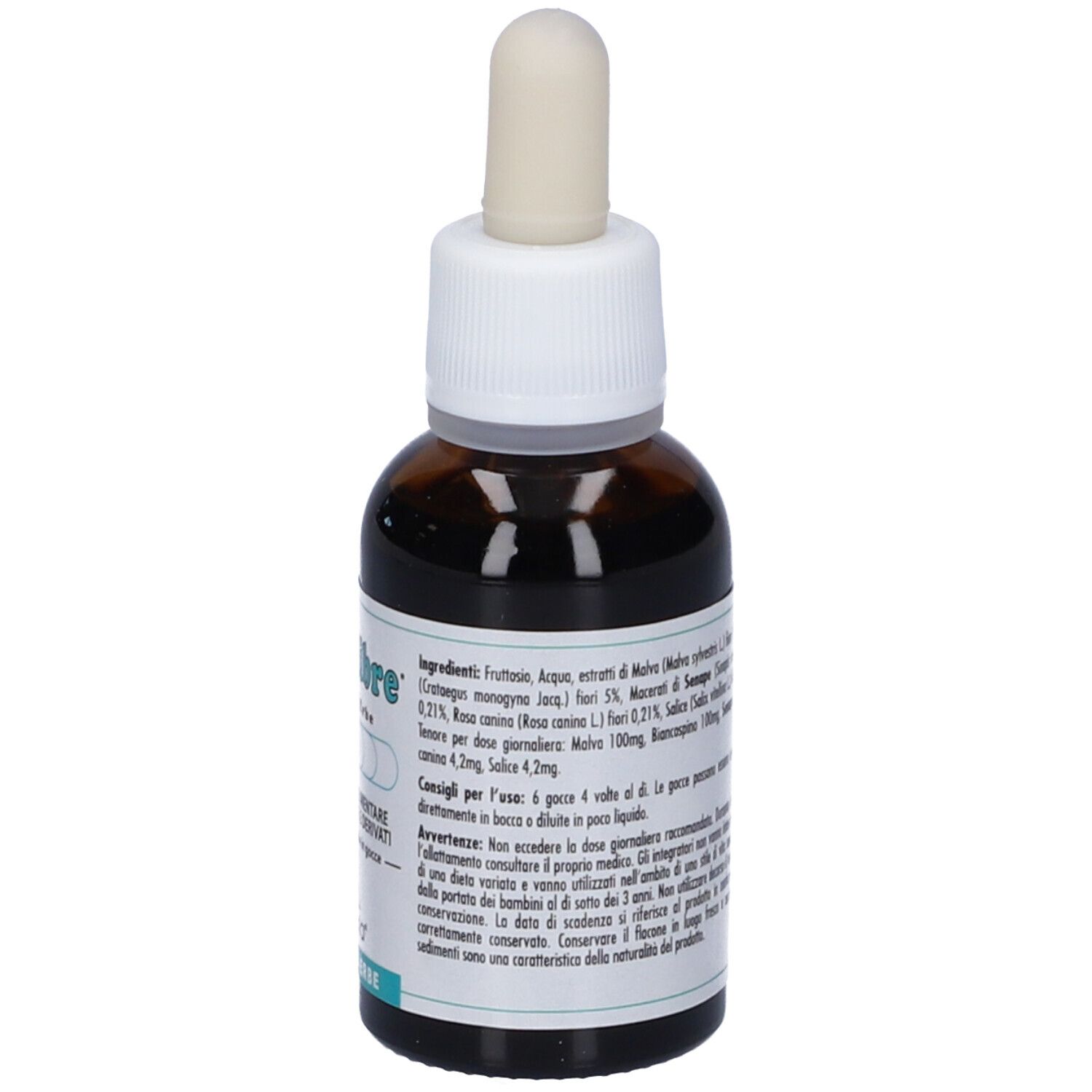 Flacone di vetro marrone con contagocce. Scritta: Equilibre 6, soluzione bevibile. Marchio: Lemuria. Ingredienti sul retro.