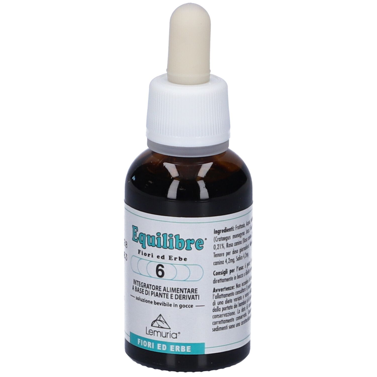 Flacone di vetro marrone con contagocce. Scritta: Equilibre 6, soluzione bevibile. Marchio: Lemuria. Informazioni sul retro.
