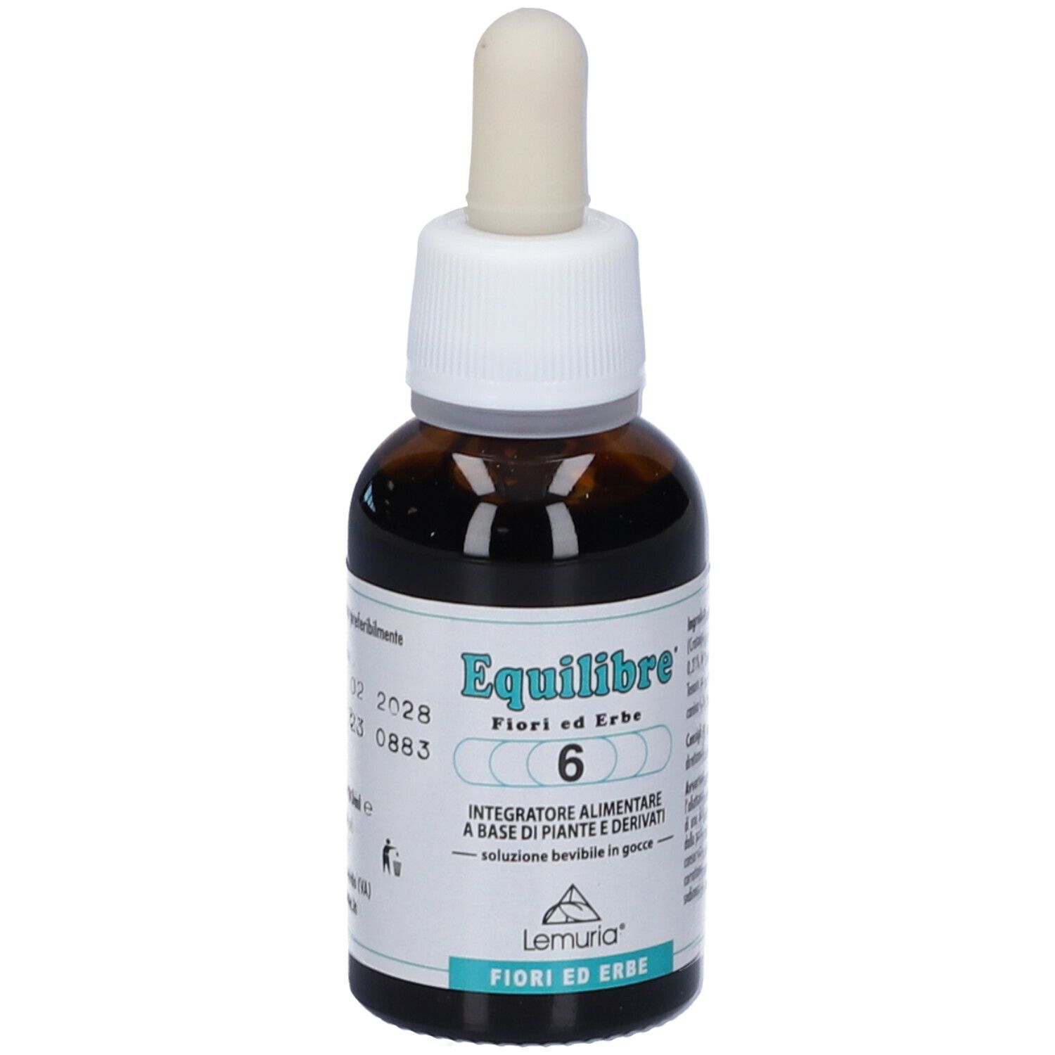 Flacone di vetro marrone con contagocce. Scritta: Equilibre 6, soluzione bevibile. Marchio: Lemuria. Informazioni sul retro.