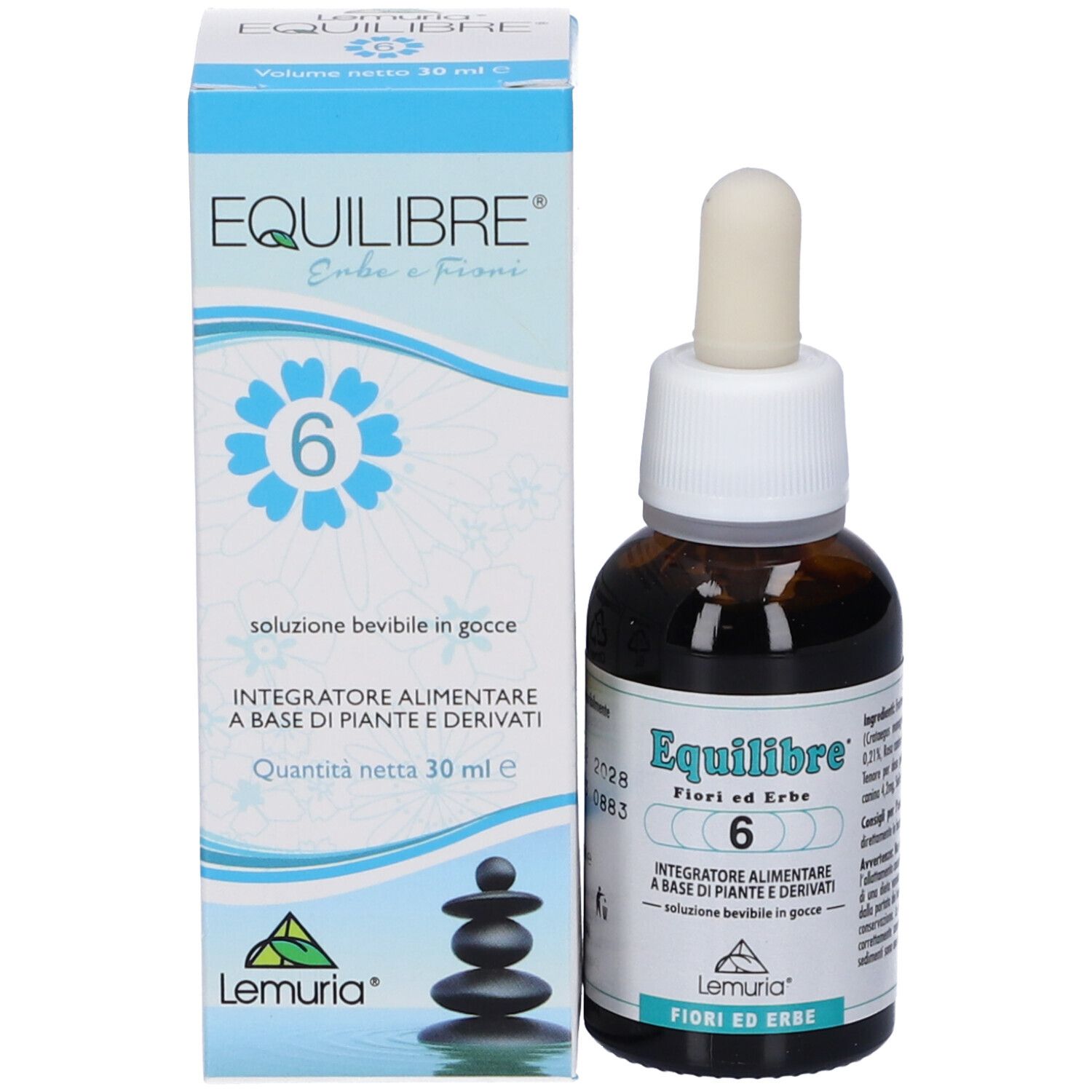 Flacone e confezione del prodotto. Scritta: Equilibre 6, soluzione bevibile in gocce. Marchio: Lemuria.