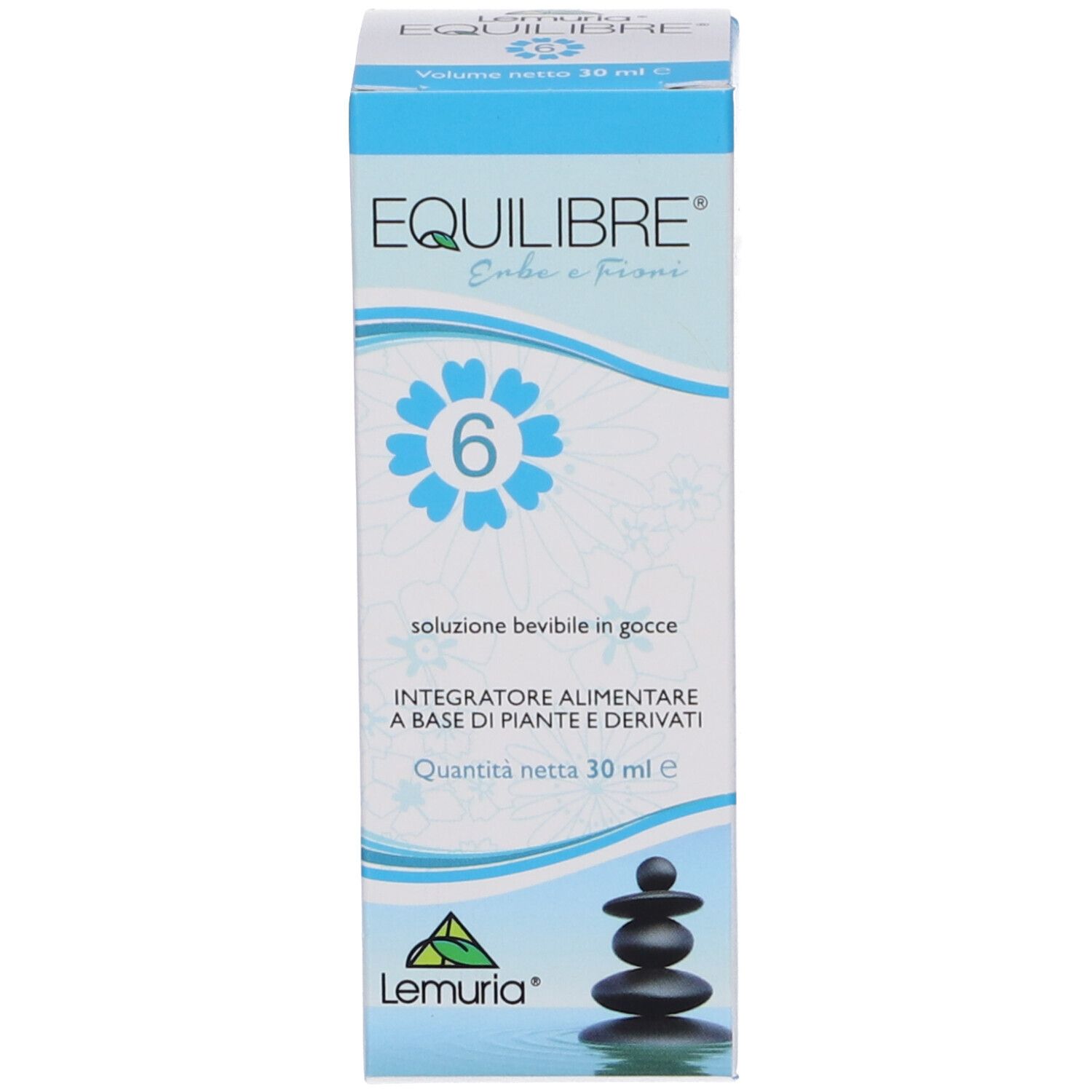 Confezione del prodotto. Scritta: Equilibre 6, soluzione bevibile in gocce. Marchio: Lemuria.