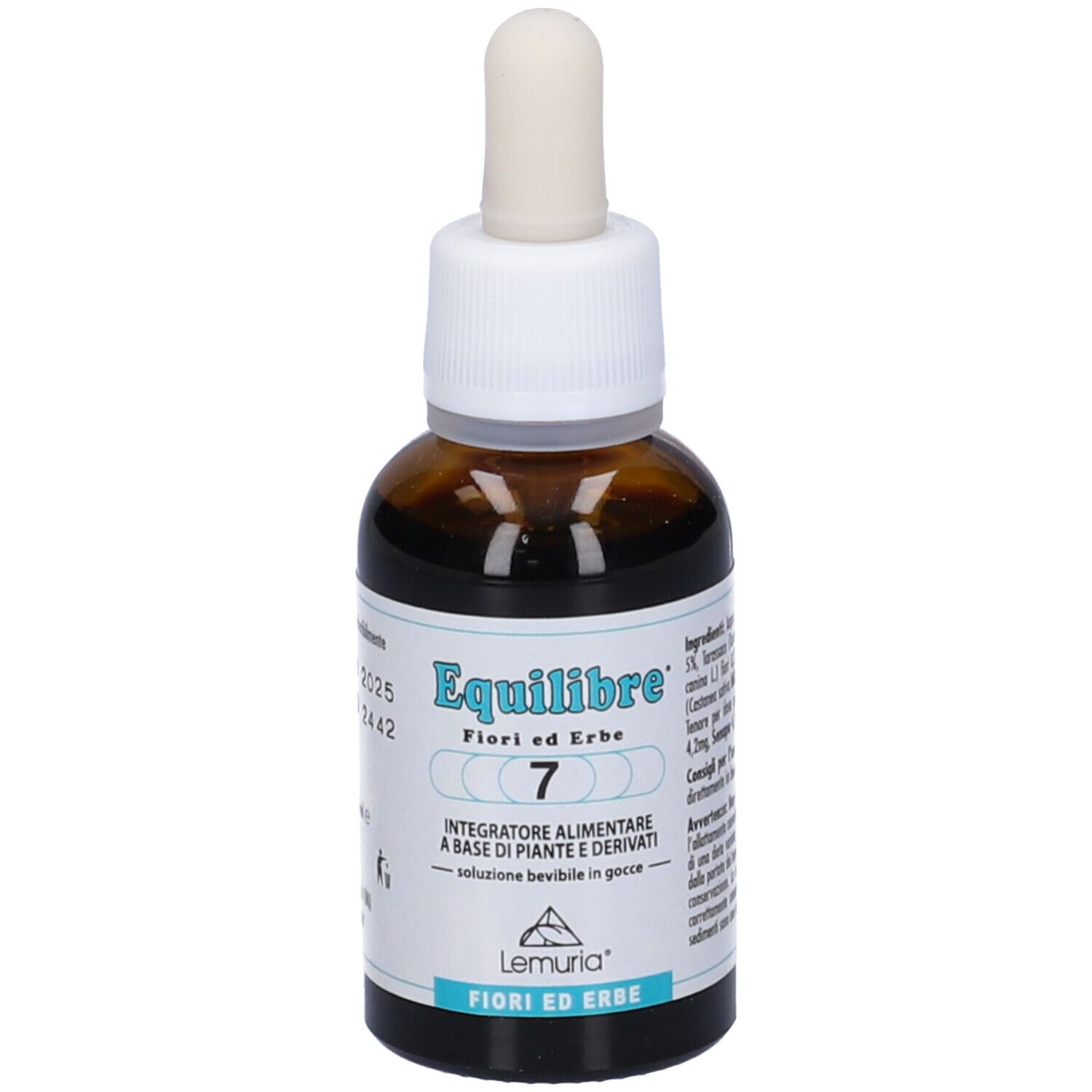 Flacone di vetro marrone con tappo bianco e contagocce. Etichetta con nome del prodotto e ingredienti. Gocce.