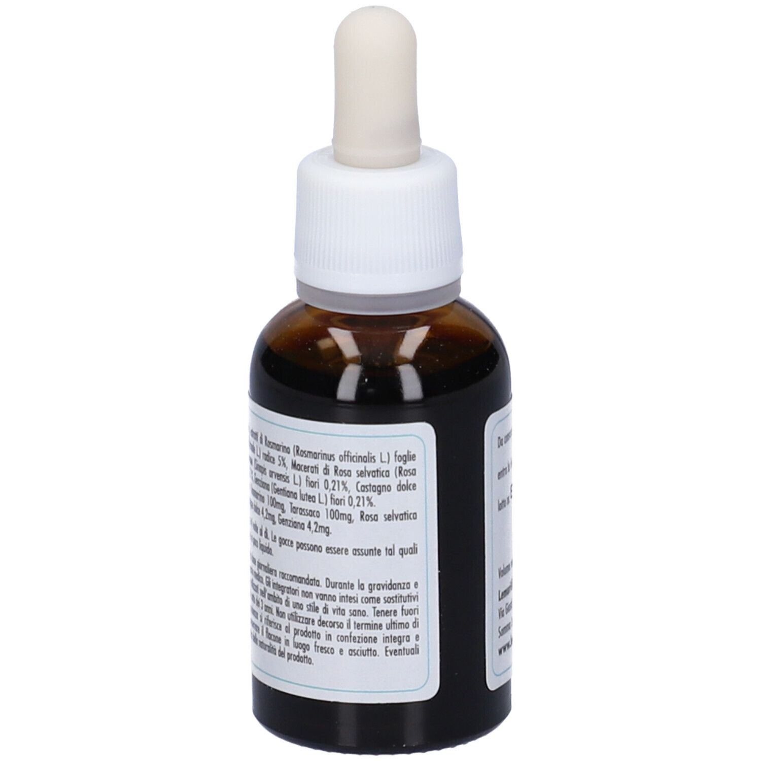 Flacone di vetro marrone con tappo bianco e contagocce. Etichetta con ingredienti e istruzioni per l'uso. Gocce.