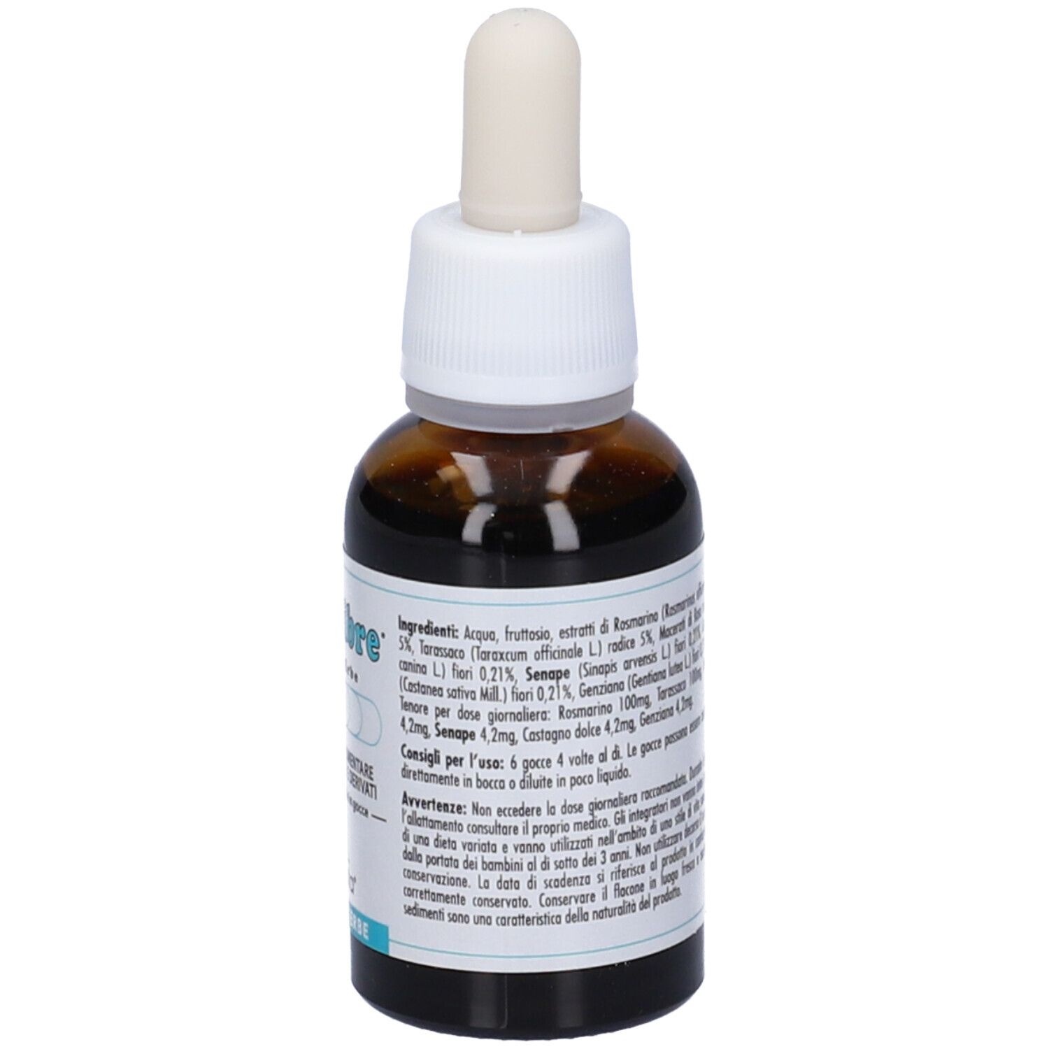 Flacone di vetro marrone con tappo bianco e contagocce. Etichetta con ingredienti e istruzioni per l'uso. Gocce.