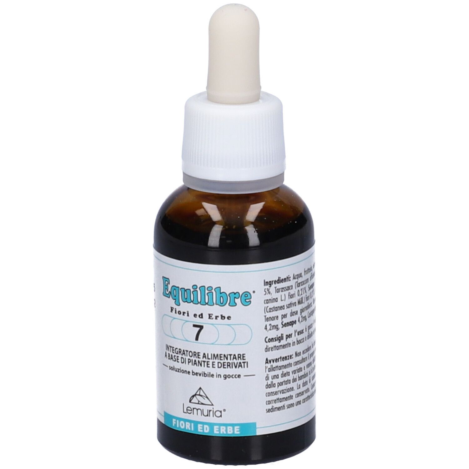 Flacone di vetro marrone con tappo bianco e contagocce. Etichetta con ingredienti e istruzioni per l'uso. Gocce.