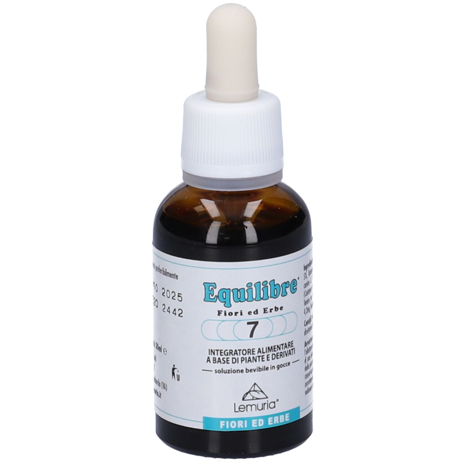 Flacone di vetro marrone con tappo bianco e contagocce. Etichetta con data di scadenza e informazioni del produttore. Gocce.