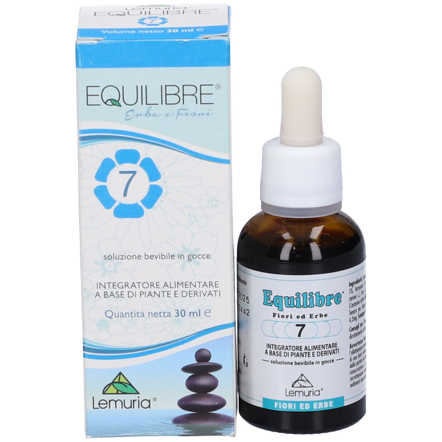 Prodotto e confezione di Equilibre 7 Gocce. Flacone marrone con gocce accanto alla scatola blu. 30 ml.