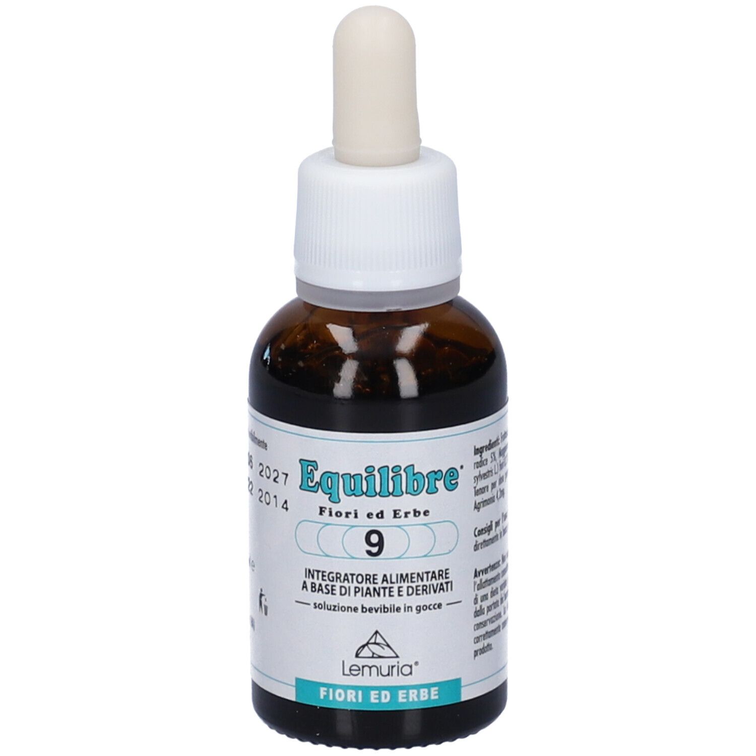 Flacone in vetro marrone con tappo bianco e pipetta. Etichetta con nome del prodotto e testo in italiano.