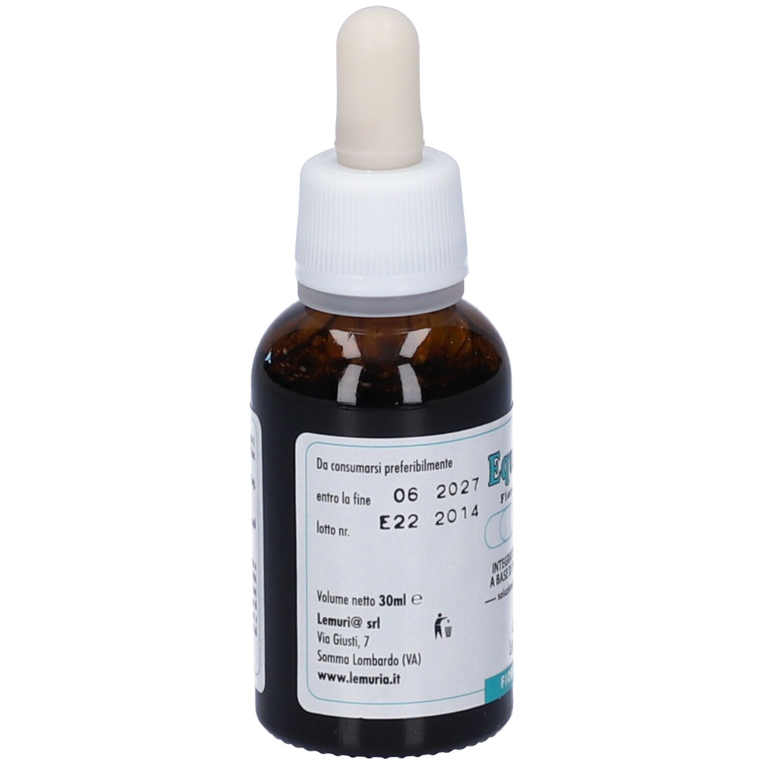 Flacone in vetro marrone con tappo bianco e pipetta. Etichetta con nome del prodotto e testo in italiano.