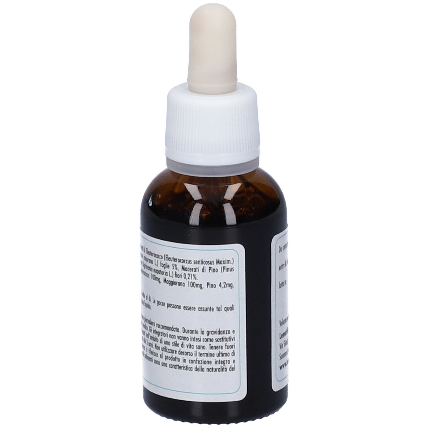 Flacone in vetro marrone con tappo bianco e pipetta. Etichetta con nome del prodotto e testo in italiano.
