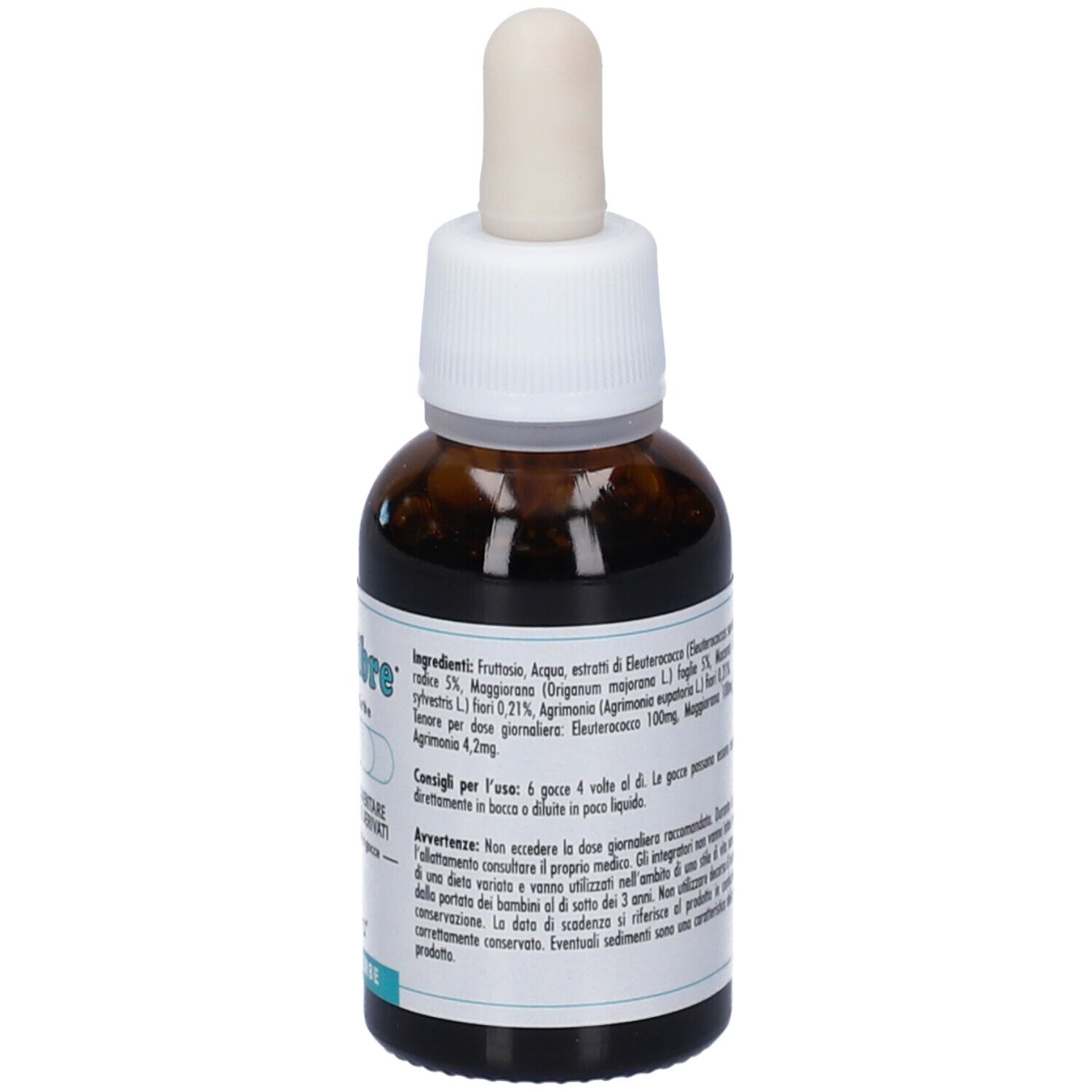 Flacone in vetro marrone con tappo bianco e pipetta. Etichetta con nome del prodotto e testo in italiano.