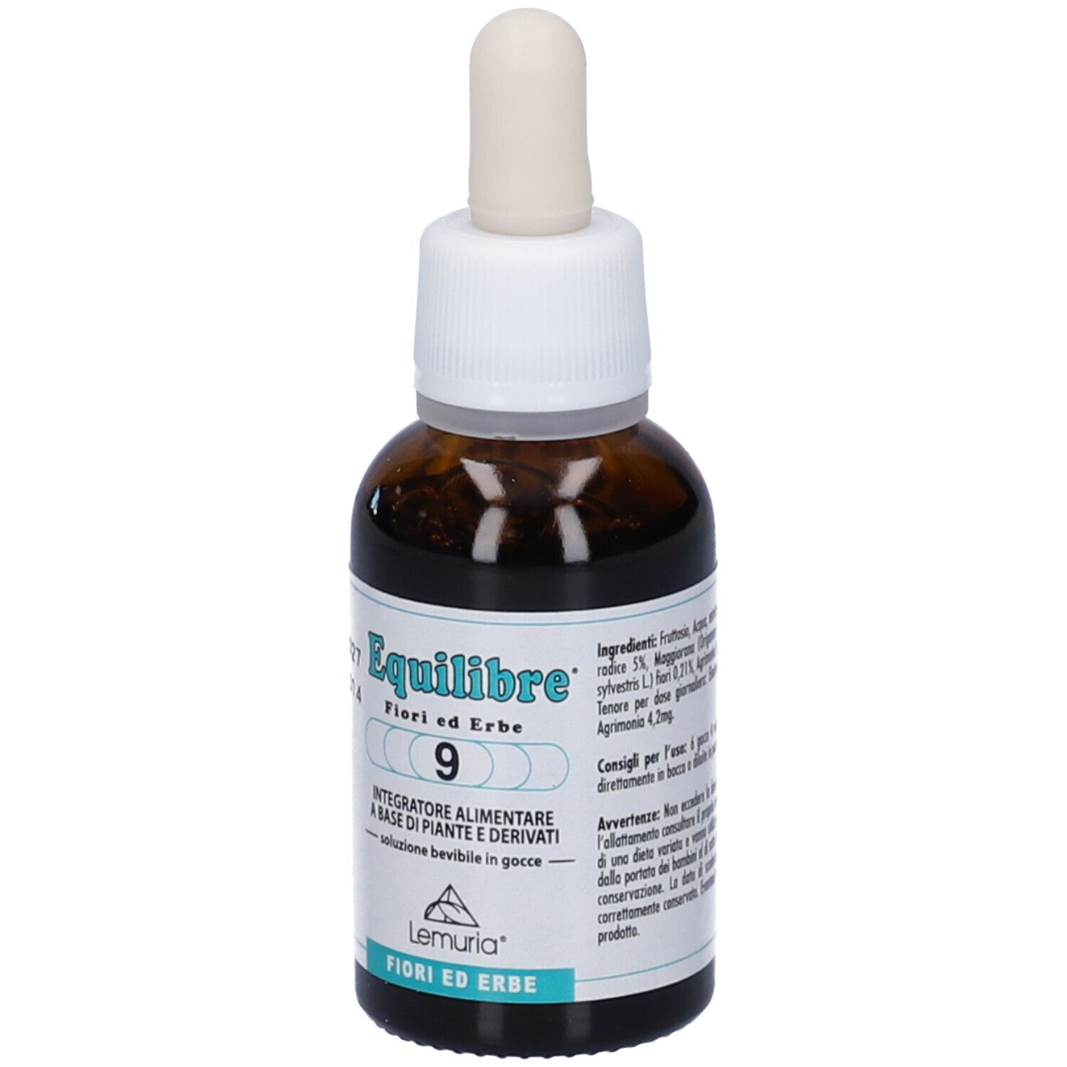 Flacone in vetro marrone con tappo bianco e pipetta. Etichetta con nome del prodotto e testo in italiano.