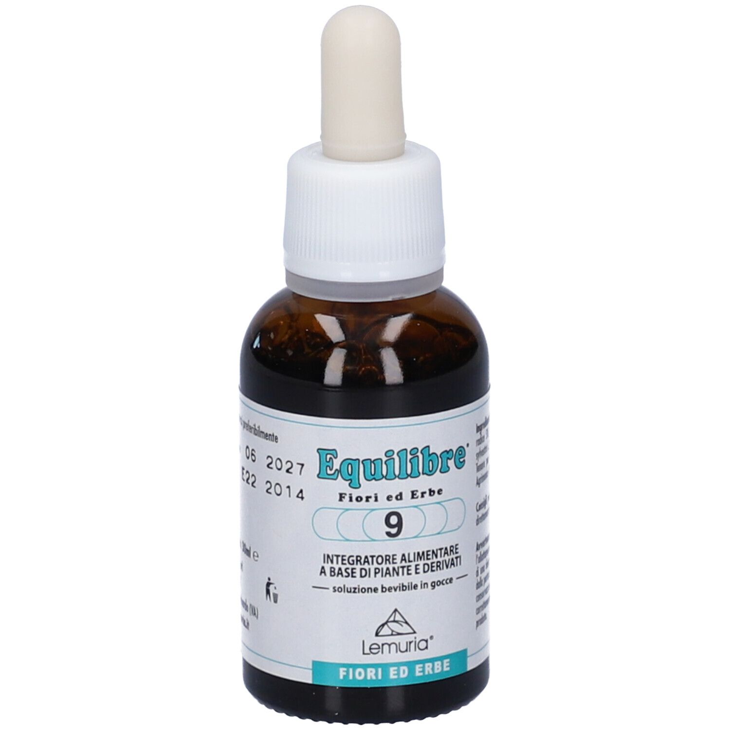 Flacone in vetro marrone con tappo bianco e pipetta. Etichetta con nome del prodotto e testo in italiano.