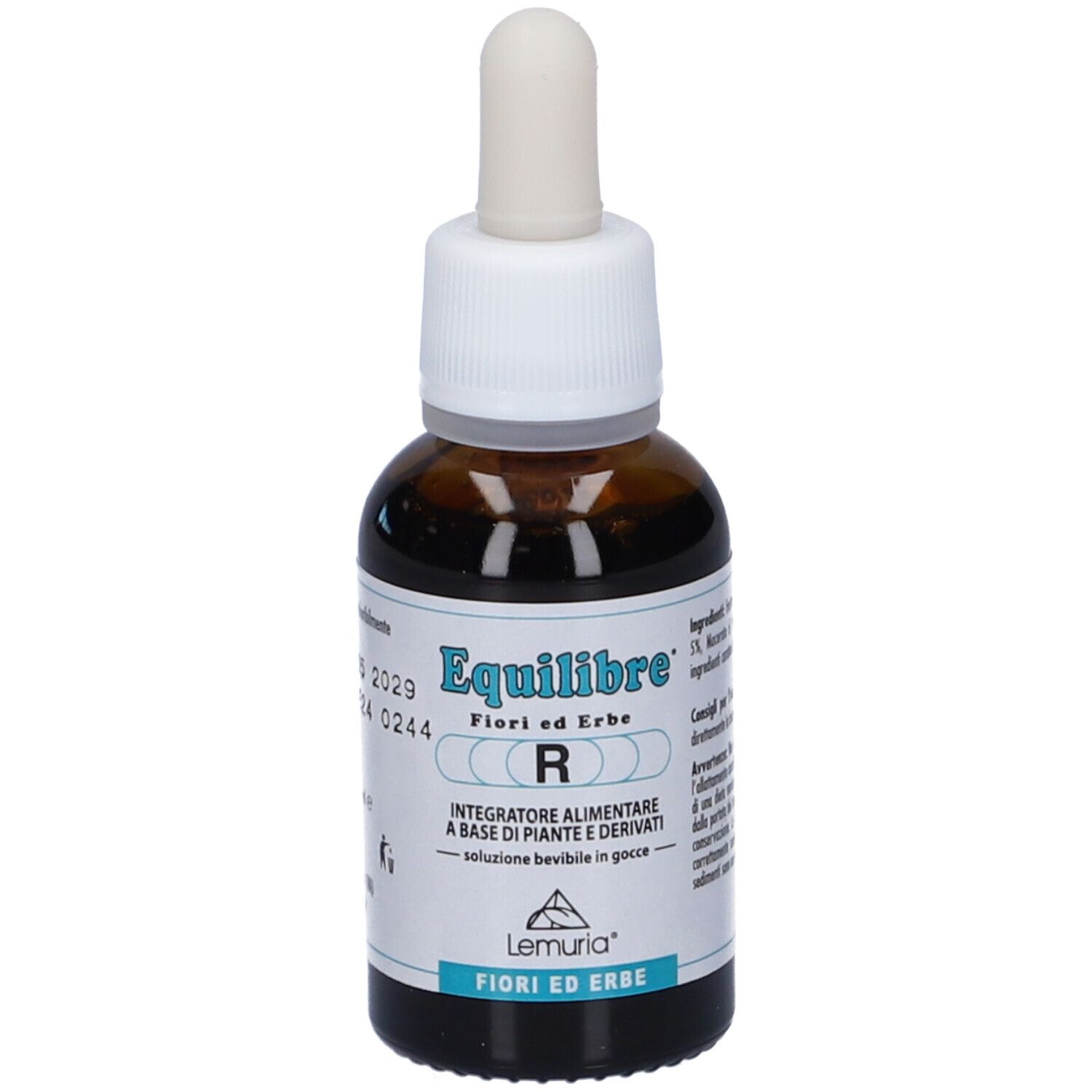Flacone di vetro marrone con contagocce bianco. Testo: EQUILIBRE, Fiori ed Erbe, R, Lemuria. Etichetta con ingredienti.