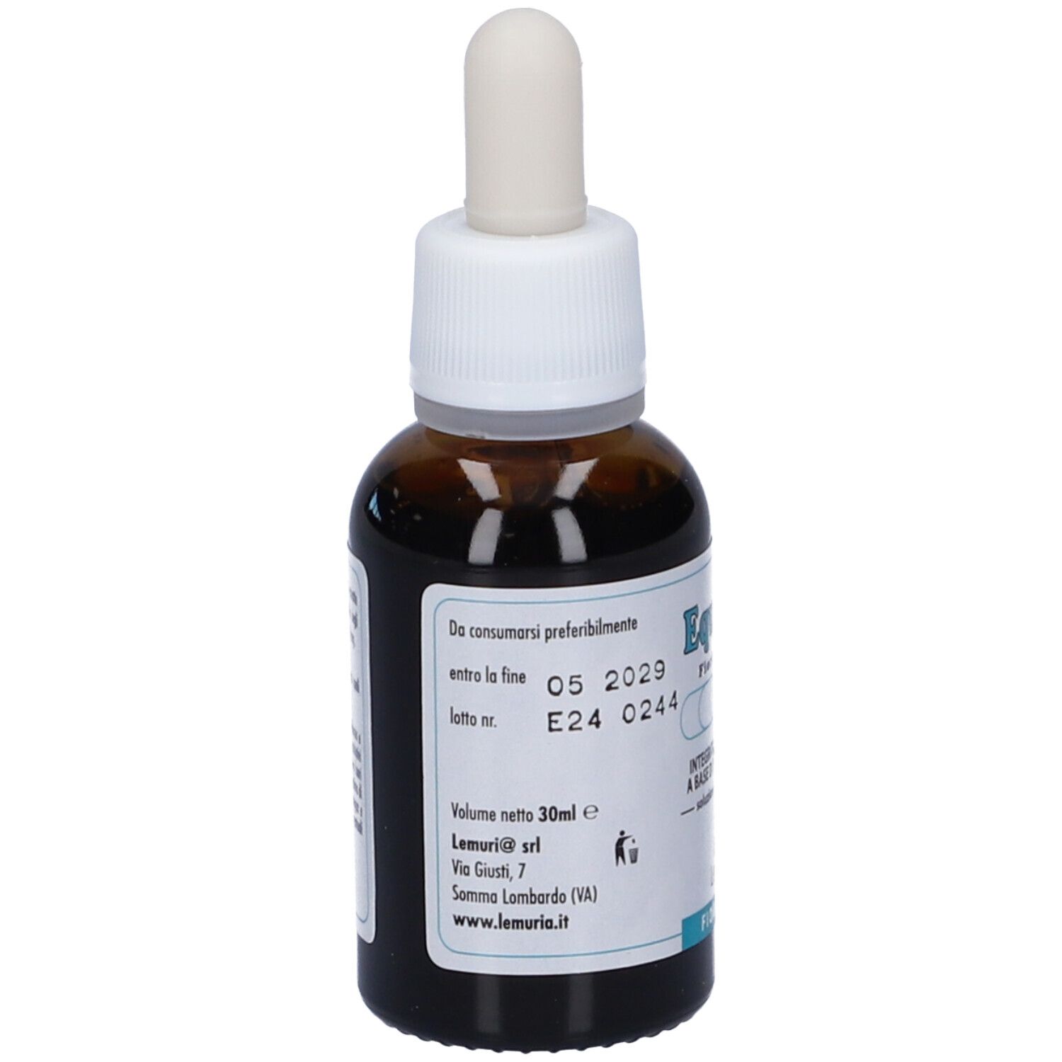 Flacone di vetro marrone con contagocce bianco. Testo: EQUILIBRE, Fiori ed Erbe, R, Lemuria. Etichetta con scadenza e volume.