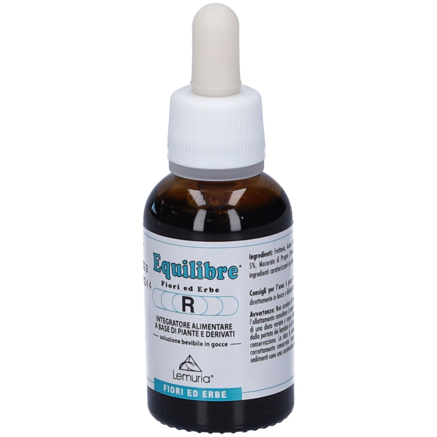 Flacone di vetro marrone con contagocce bianco. Testo: EQUILIBRE, Fiori ed Erbe, R, Lemuria. Etichetta con ingredienti.