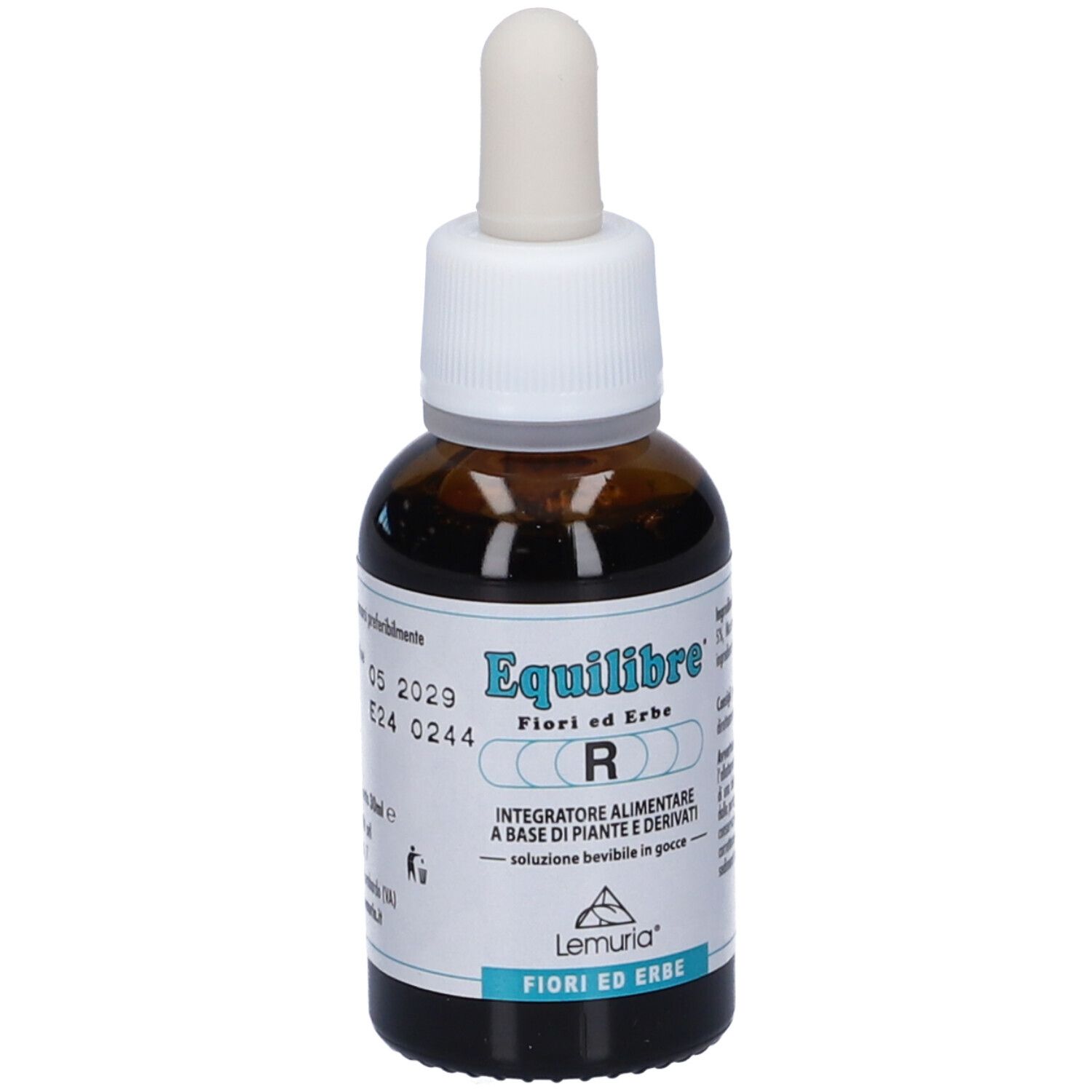 Flacone di vetro marrone con contagocce bianco. Testo: EQUILIBRE, Fiori ed Erbe, R, Lemuria. Etichetta con scadenza.