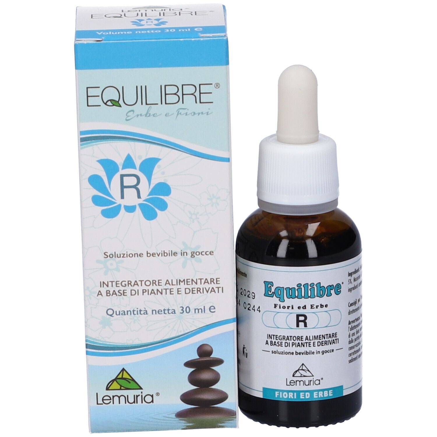 Flacone di vetro marrone con contagocce e scatola. Testo: EQUILIBRE, Fiori ed Erbe, R, Lemuria. Scatola con 30 ml.