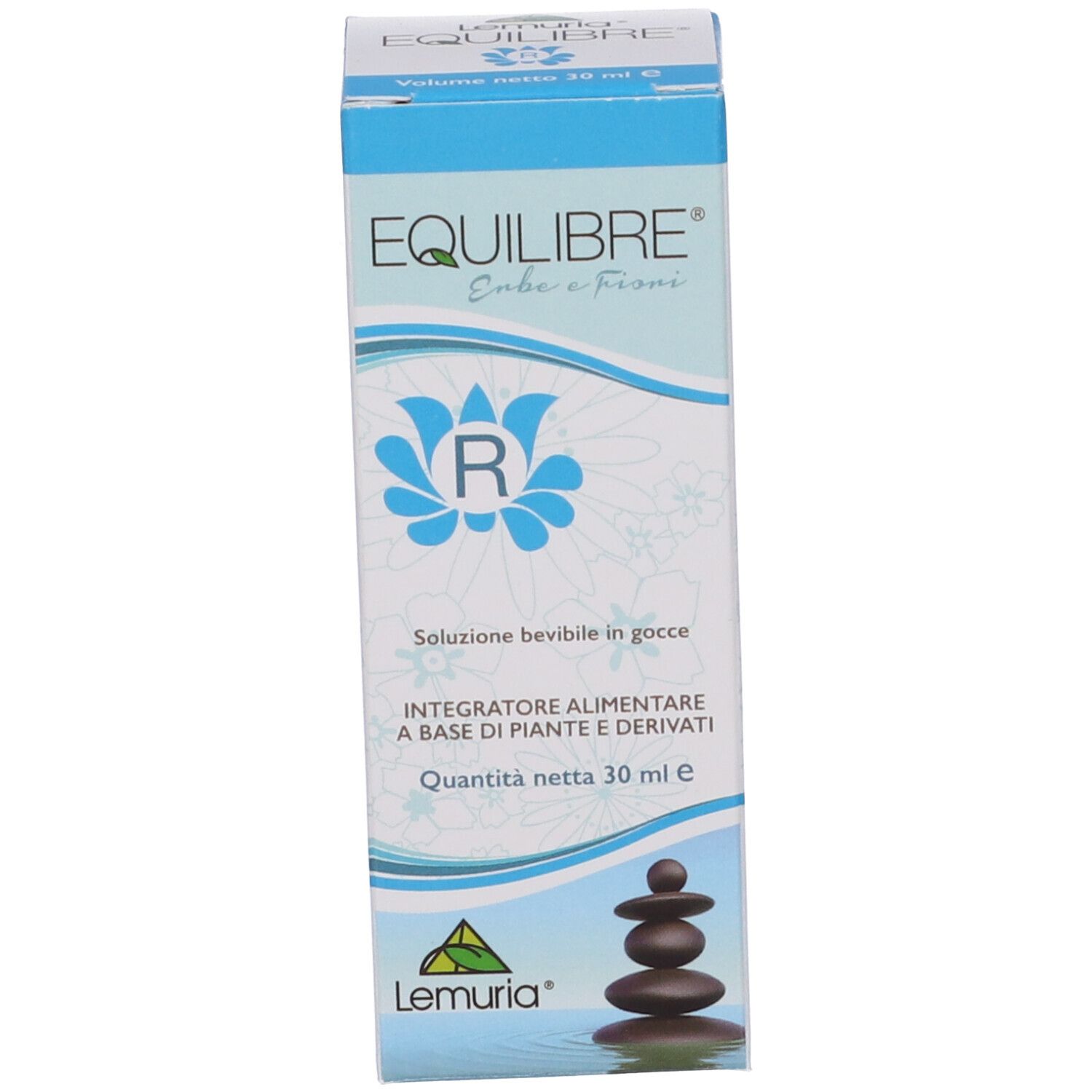 Scatola con stampa del prodotto. Testo: EQUILIBRE, Erbe e Fiori, R, Lemuria. Contiene 30 ml.