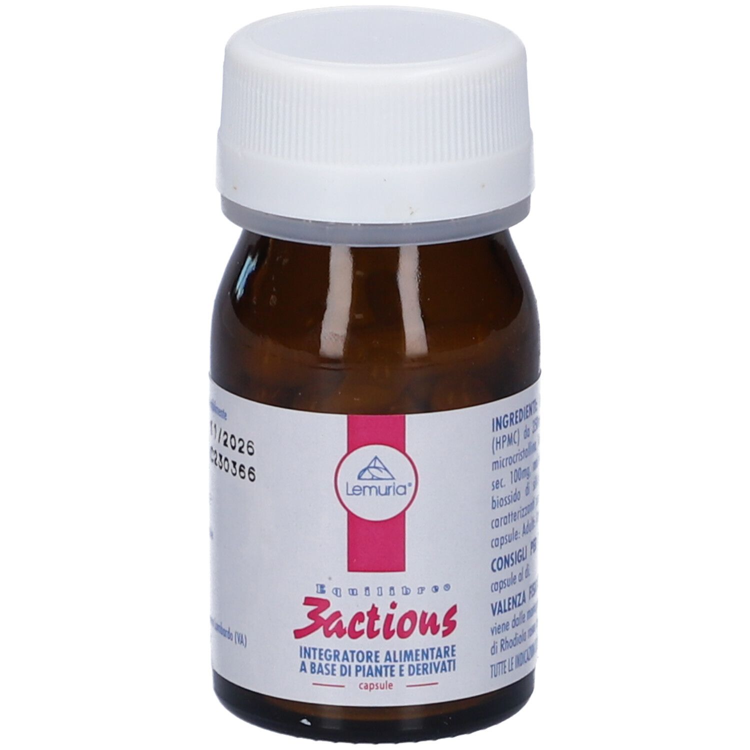 Flacone di vetro marrone, tappo bianco. Etichetta con nome prodotto Equilibre 3 Actions e testo. Scadenza visibile.