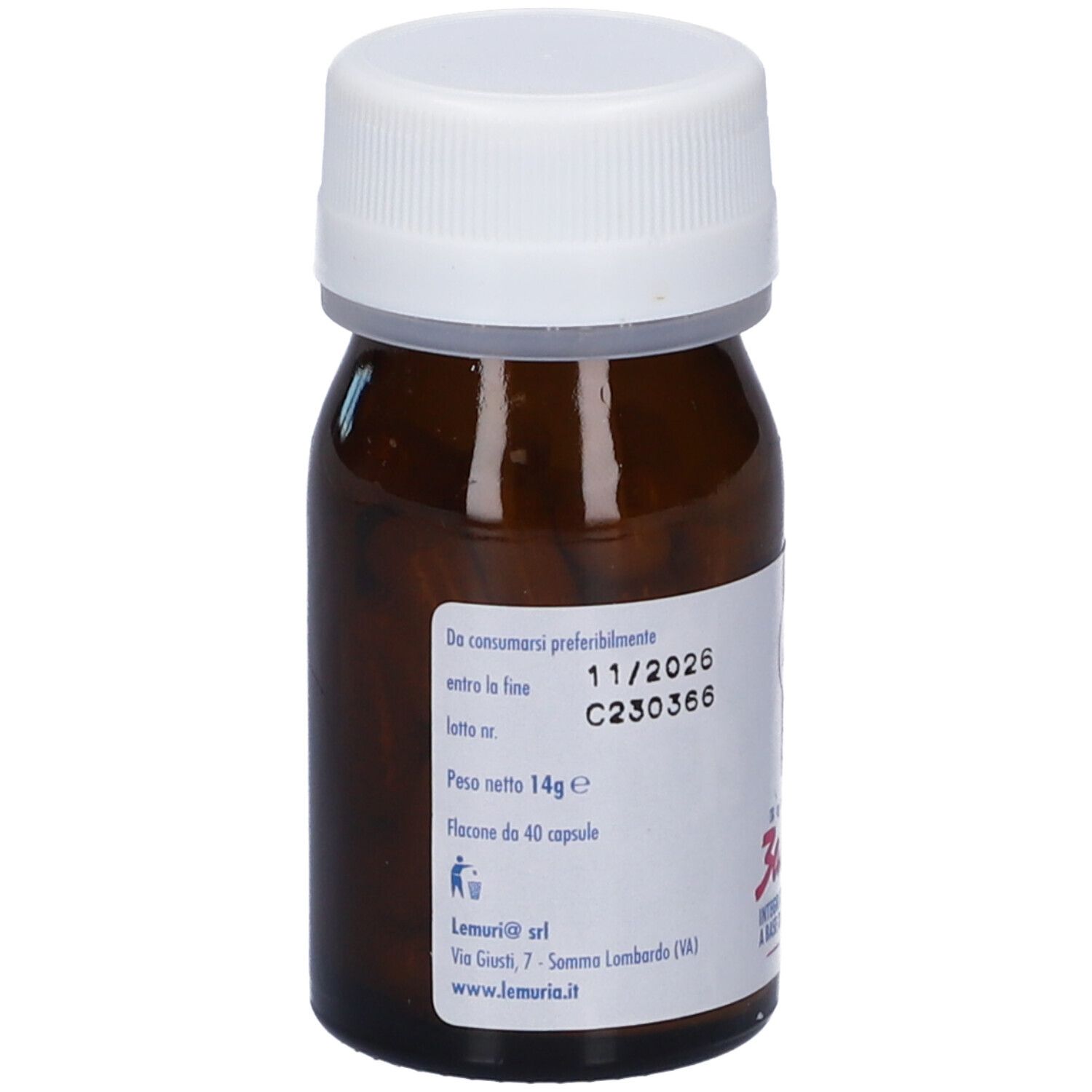 Flacone di vetro marrone, tappo bianco. Etichetta con nome prodotto Equilibre 3 Actions e testo. Scadenza.