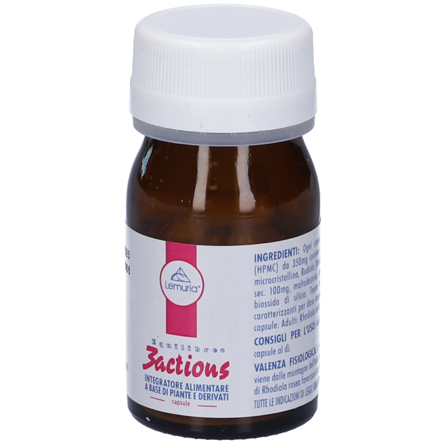 Flacone di vetro marrone, tappo bianco. Etichetta con nome prodotto Equilibre 3 Actions e testo. Ingredienti e consigli d'uso.