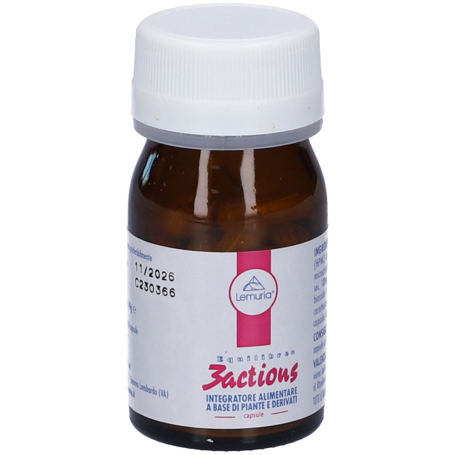 Flacone di vetro marrone, tappo bianco. Etichetta con nome prodotto Equilibre 3 Actions e testo. Scadenza.