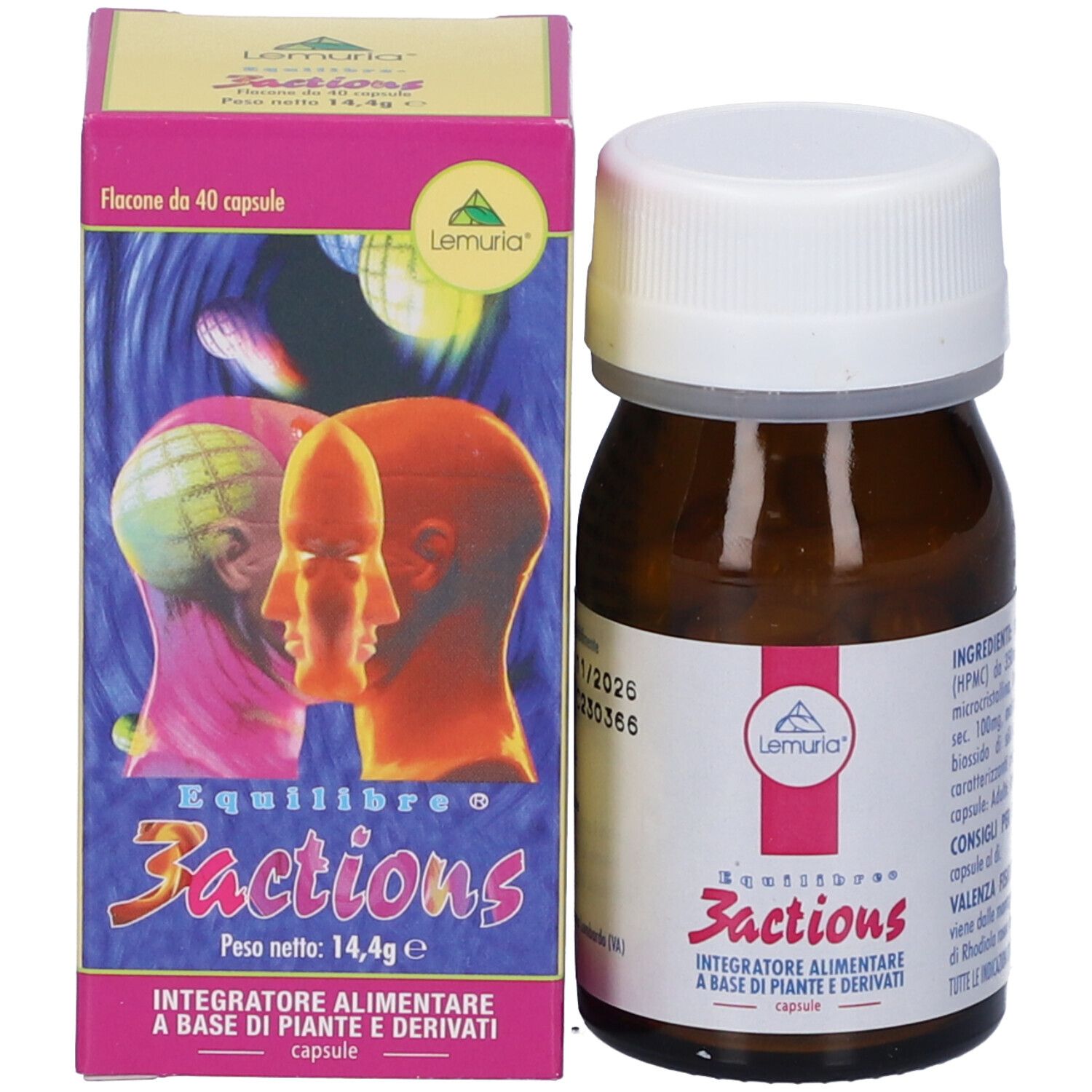 Confezione e flacone. Scatola con nome prodotto Equilibre 3 Actions. Flacone con tappo bianco.