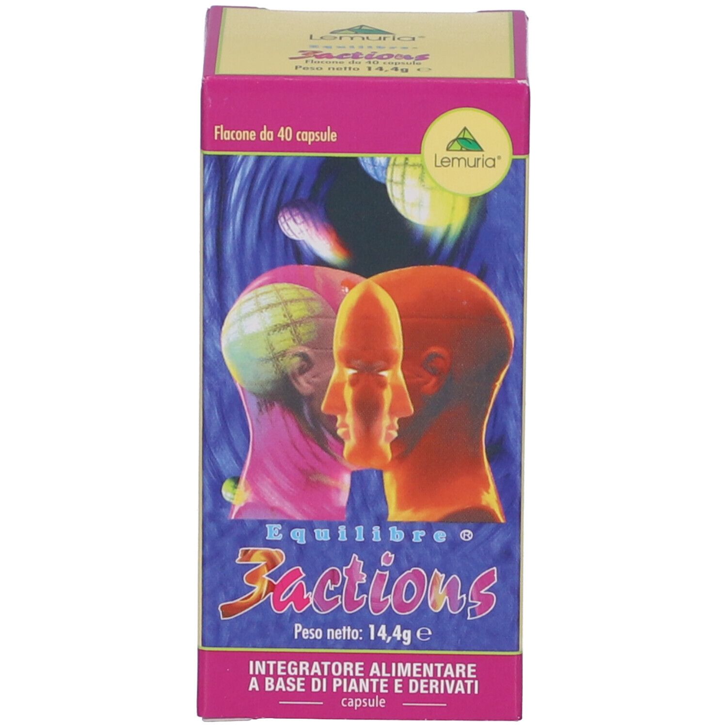 Confezione del prodotto. Scatola con nome prodotto Equilibre 3 Actions. Sfondo: teste.