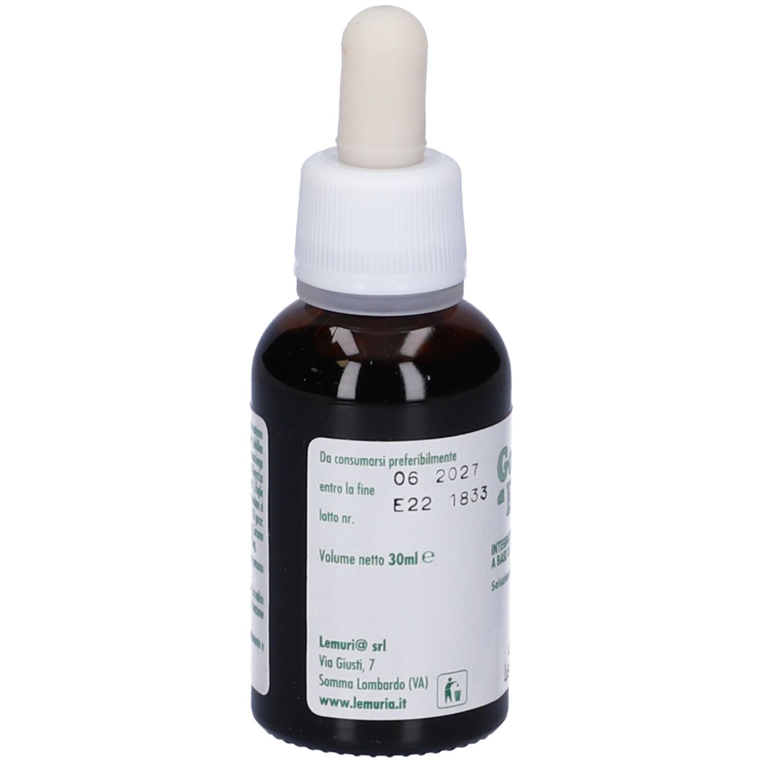 Flacone di vetro marrone con tappo bianco e pipetta. Etichetta con testo e logo. Volume: 30ml. Scadenza: 06 2027.