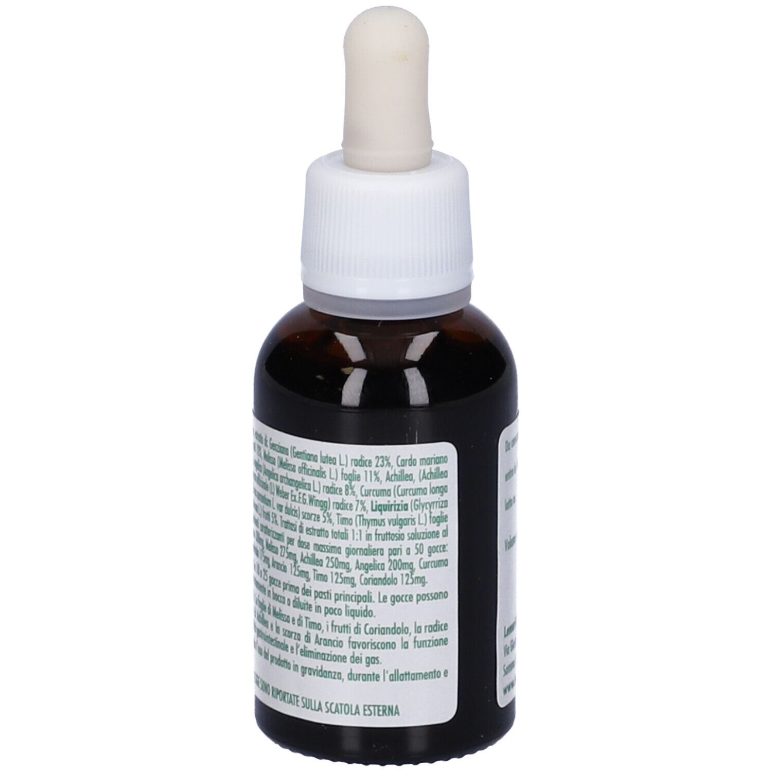 Flacone di vetro marrone con tappo bianco e pipetta. Etichetta con testo e logo. Volume: 30ml. Scadenza: 06 2027.