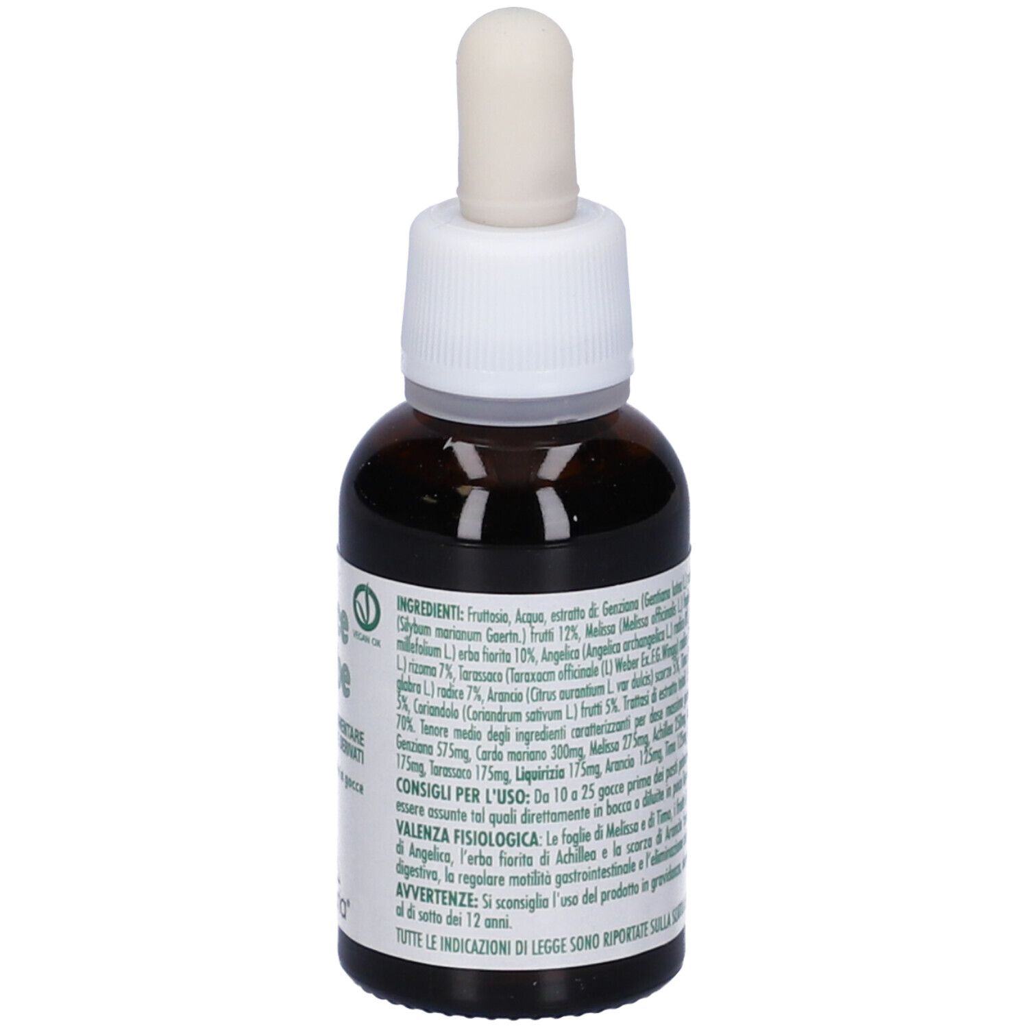 Flacone di vetro marrone con tappo bianco e pipetta. Etichetta con testo e logo. Volume: 30ml. Scadenza: 06 2027.