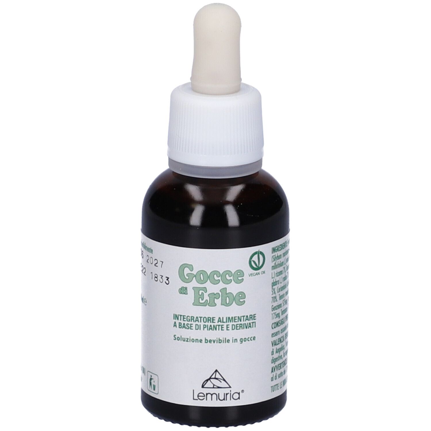 Flacone di vetro marrone con tappo bianco e pipetta. Etichetta con testo e logo. Volume: 30ml. Scadenza: 06 2027.