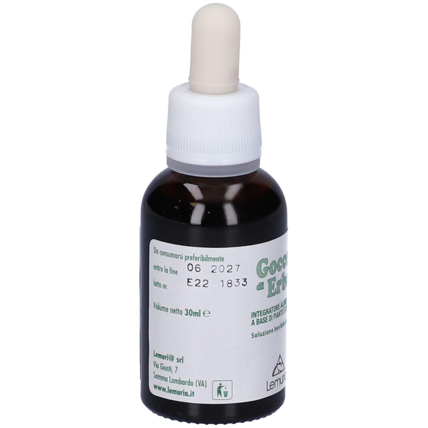 Flacone di vetro marrone con tappo bianco e pipetta. Etichetta con testo e logo. Volume: 30ml. Scadenza: 06 2027.