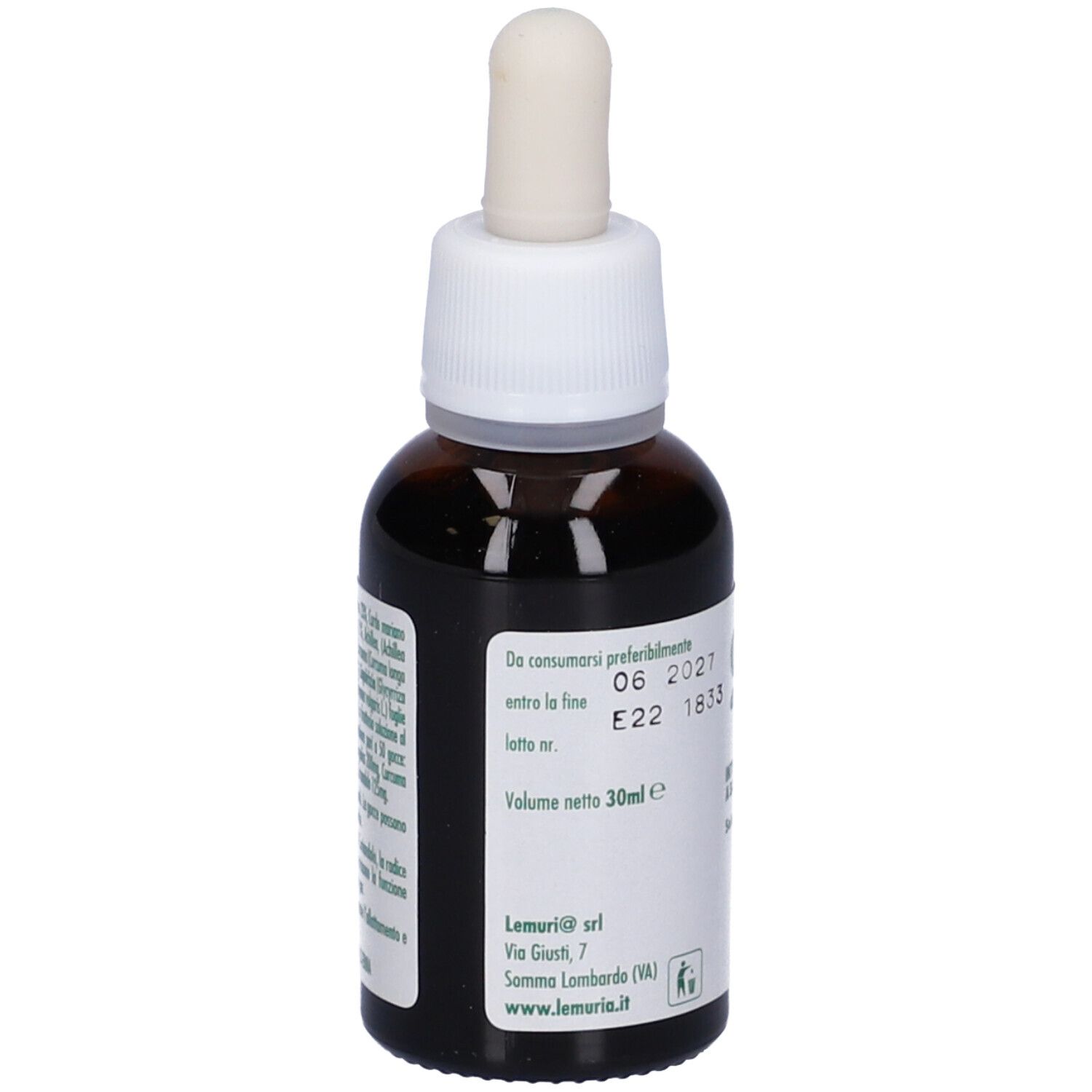 Flacone di vetro marrone con tappo bianco e pipetta. Etichetta con testo e logo. Volume: 30ml. Scadenza: 06 2027.