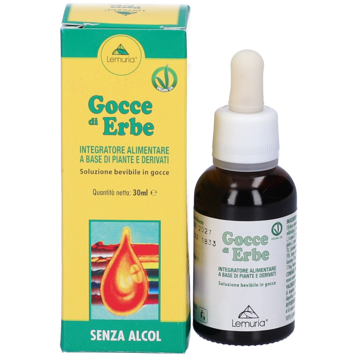 Flacone e confezione del prodotto. Flacone con pipetta, etichetta. Confezione con nome del prodotto, logo e illustrazione a goccia.