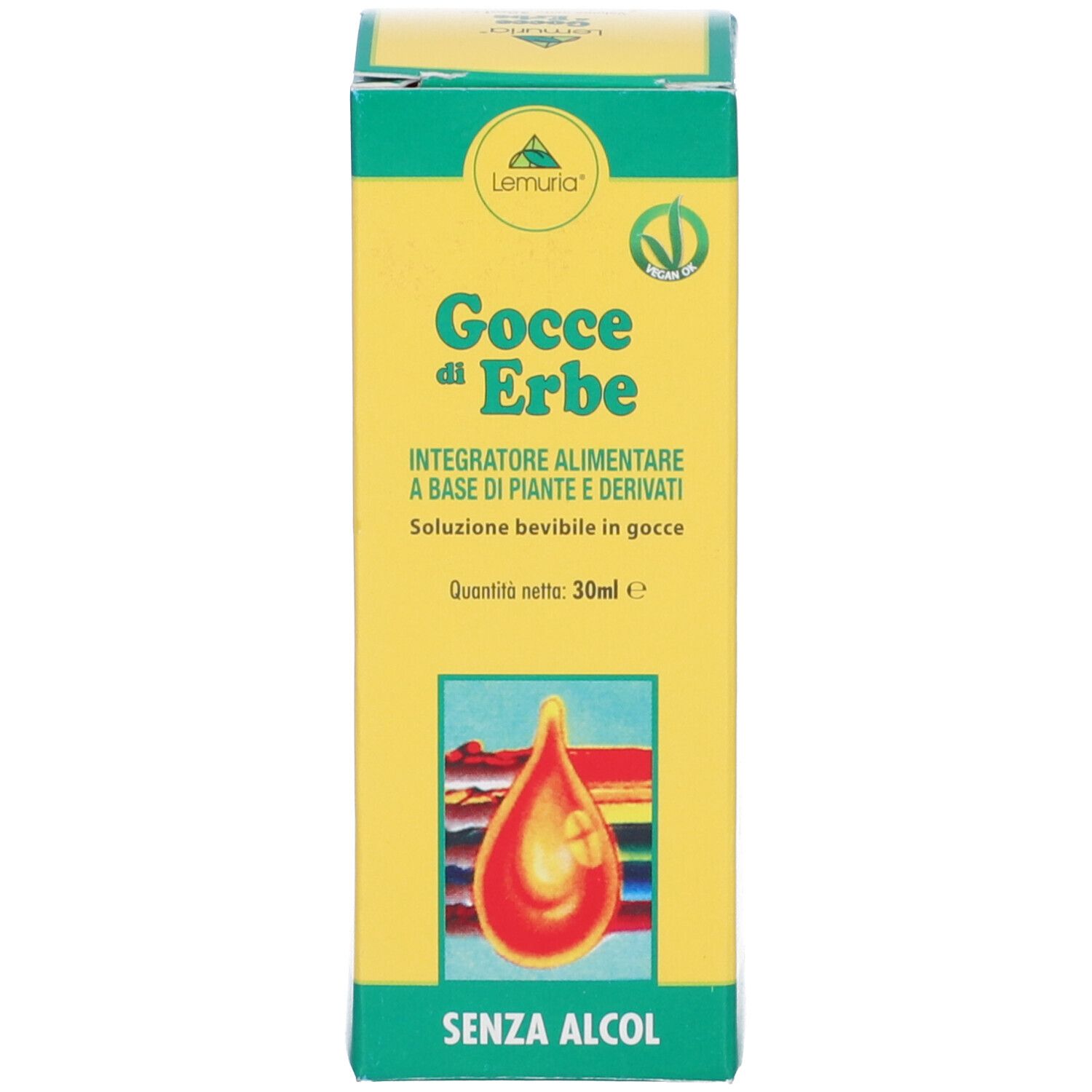Confezione con nome del prodotto, logo e illustrazione a goccia. Testo: Gocce di Erbe, Integratore Alimentare, Senza Alcol. Volume: 30ml.