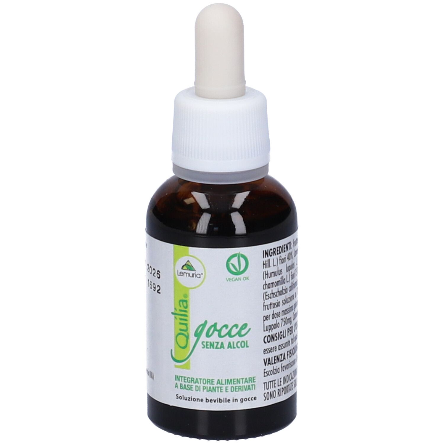 Flacone di vetro marrone con contagocce. Etichetta Quilia. Sigillo vegano. Contiene liquido. Tappo bianco.