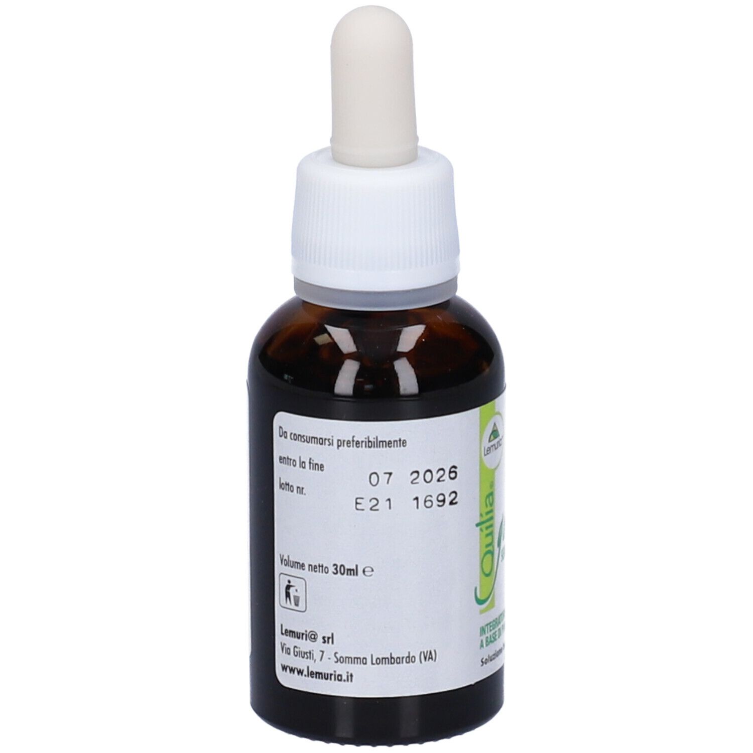 Flacone di vetro marrone con contagocce. Etichetta Quilia. Sigillo vegano. Contiene liquido. Tappo bianco.