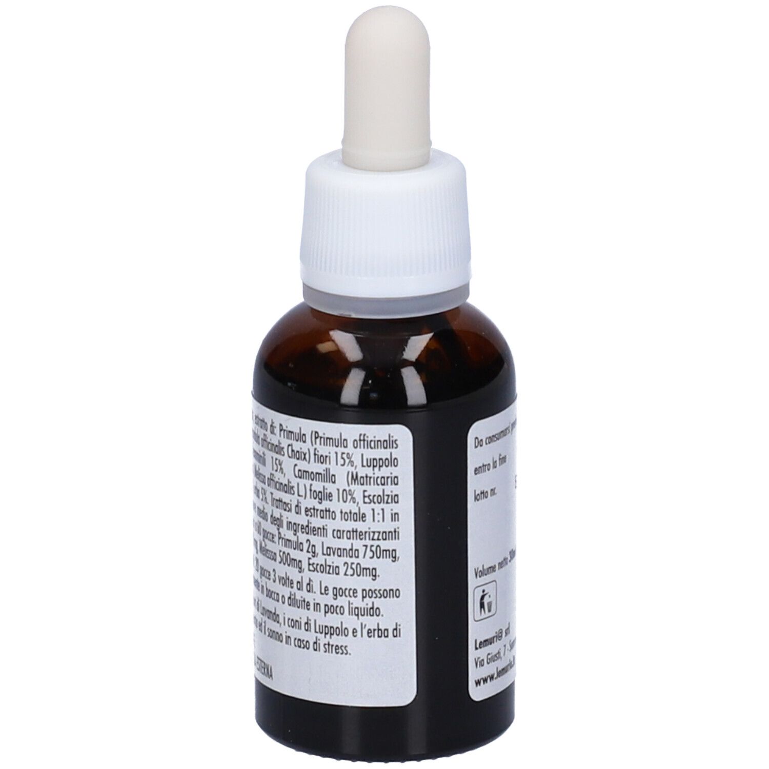 Flacone di vetro marrone con contagocce. Etichetta Quilia. Sigillo vegano. Contiene liquido. Tappo bianco.