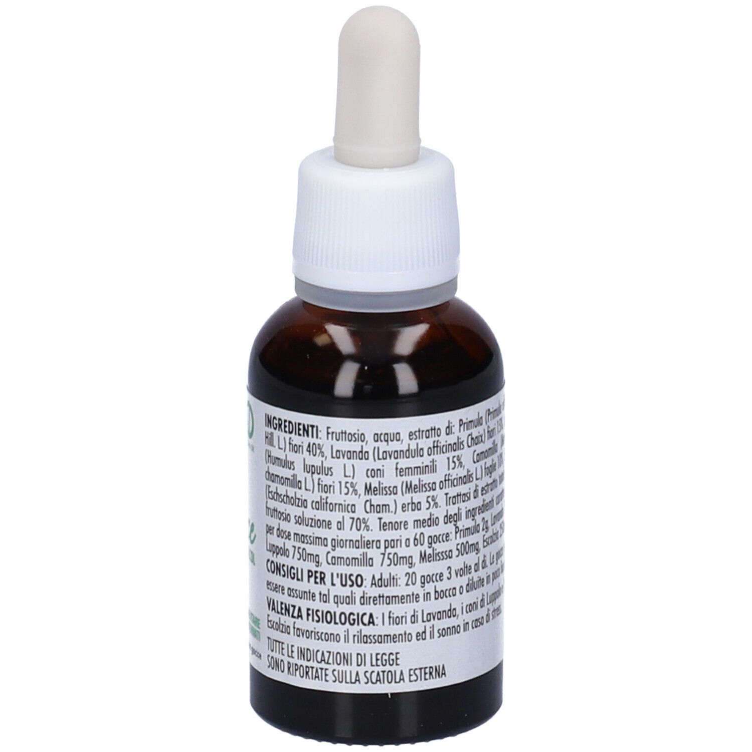 Flacone di vetro marrone con contagocce. Etichetta Quilia. Sigillo vegano. Contiene liquido. Tappo bianco.