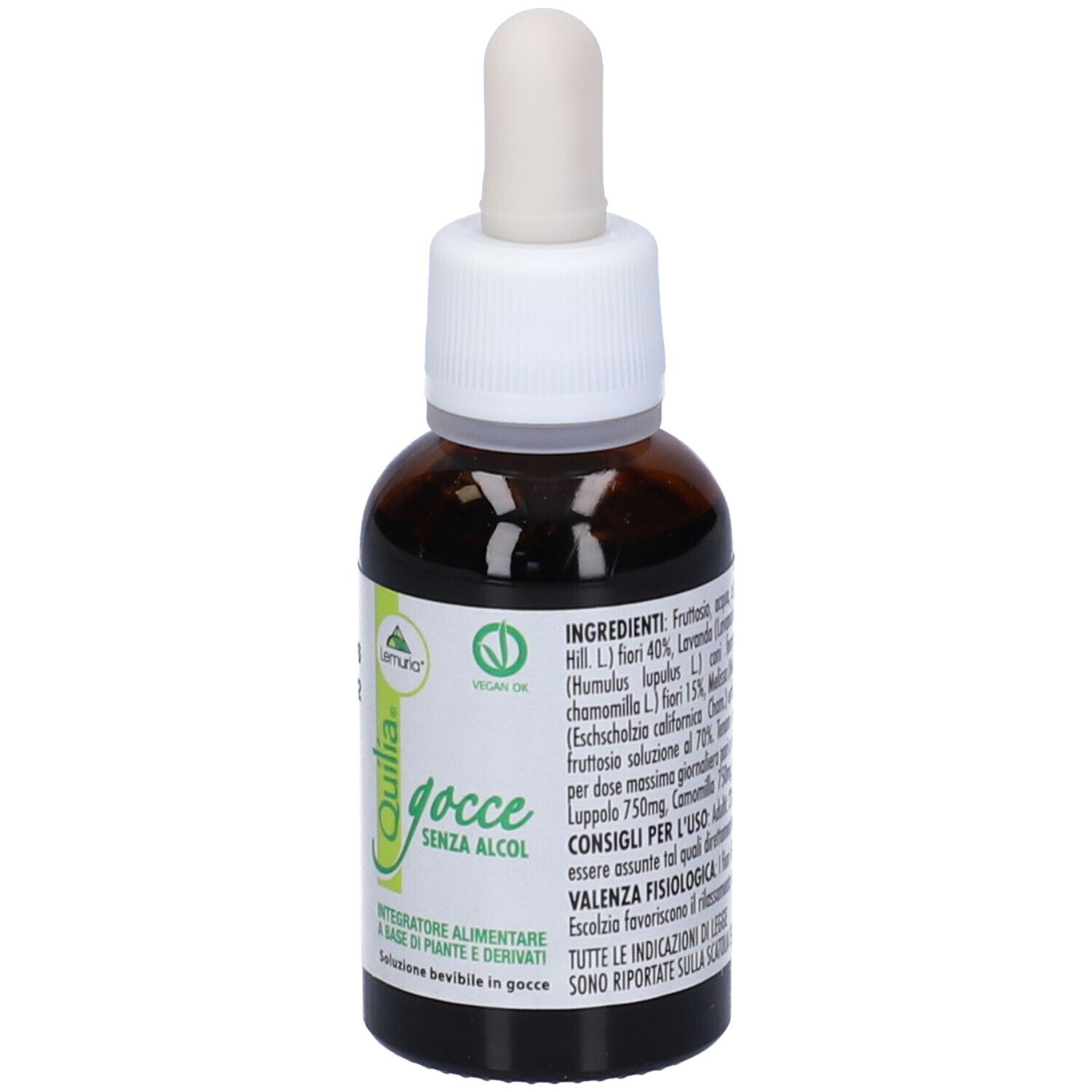 Flacone di vetro marrone con contagocce. Etichetta Quilia. Sigillo vegano. Contiene liquido. Tappo bianco.