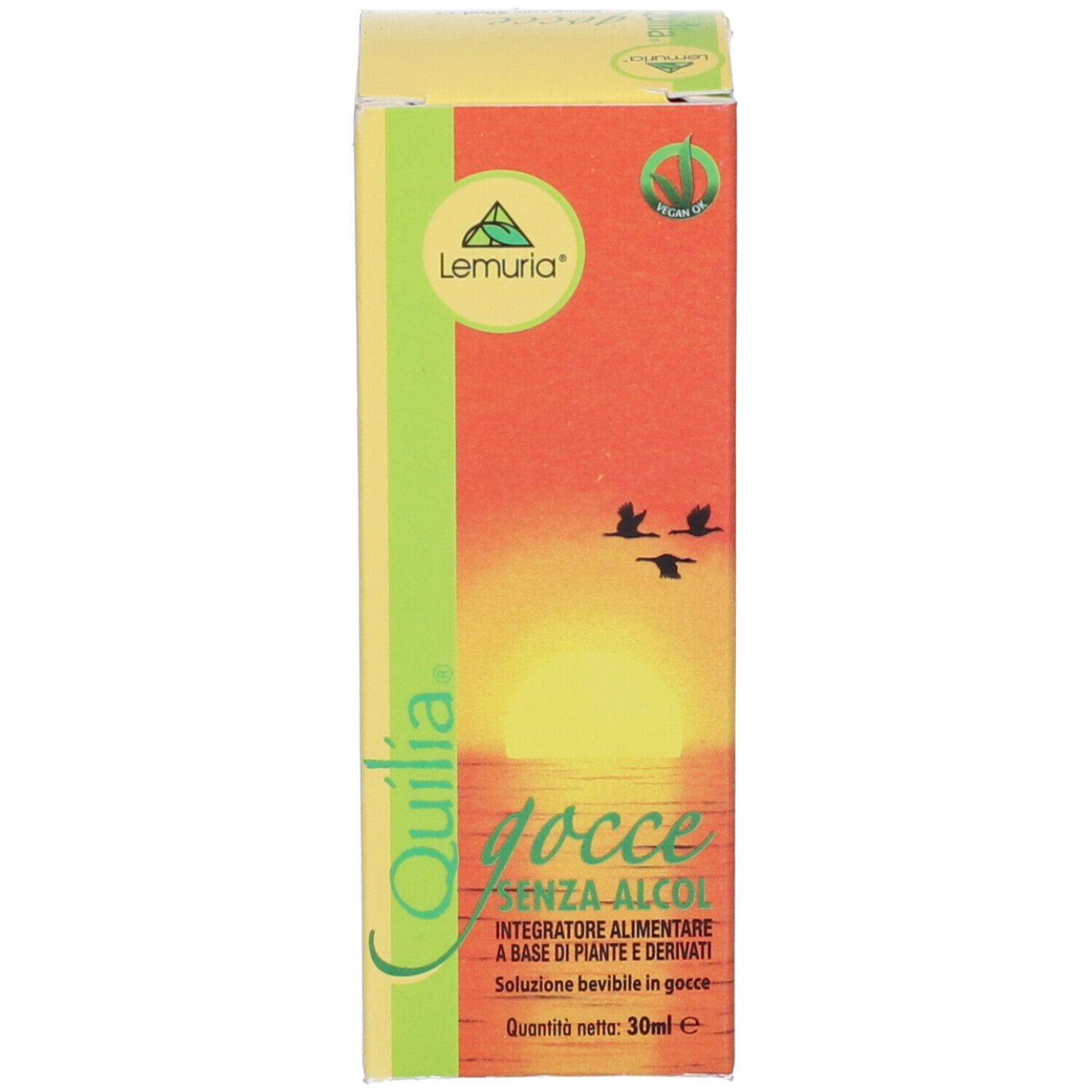 Scatola di gocce Quilia. Design verde, giallo e arancione. Contiene testo e logo. 30ml.