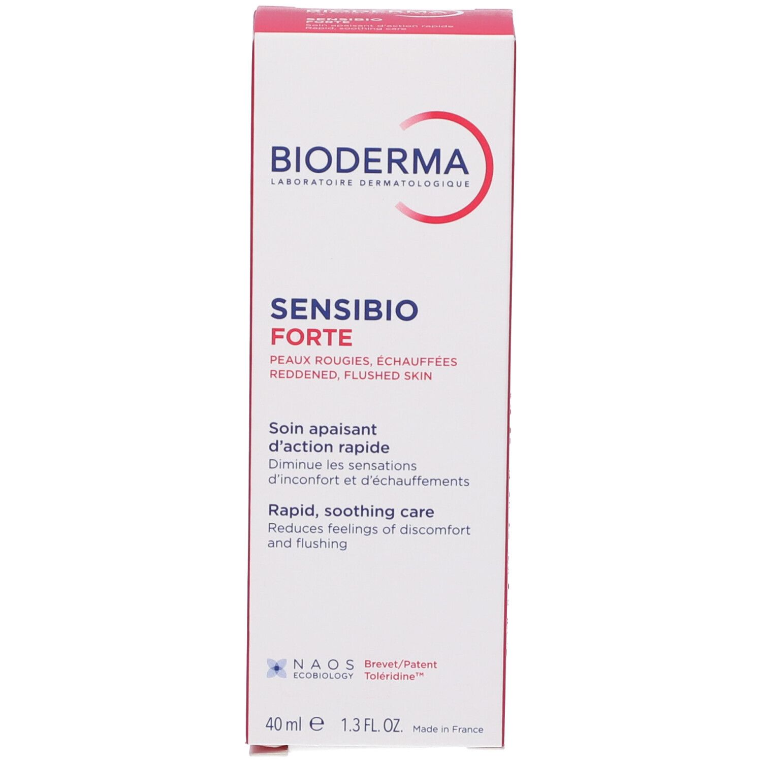 Confezione del prodotto. Bianca e rosa. Scritta: BIODERMA, Sensibio Forte. Testo in francese e inglese. 40ml.