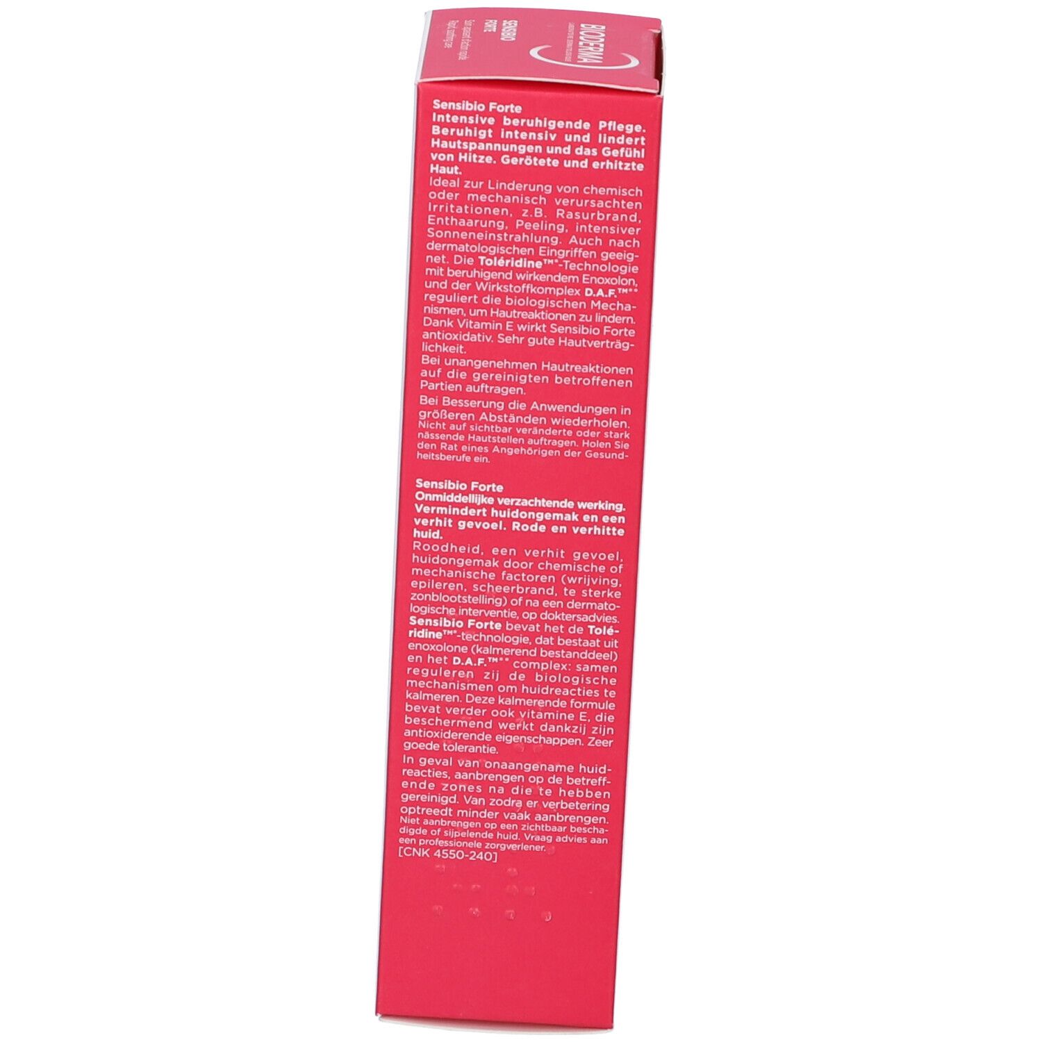 Lato della confezione del prodotto. Testo in olandese. Informazioni sul prodotto.