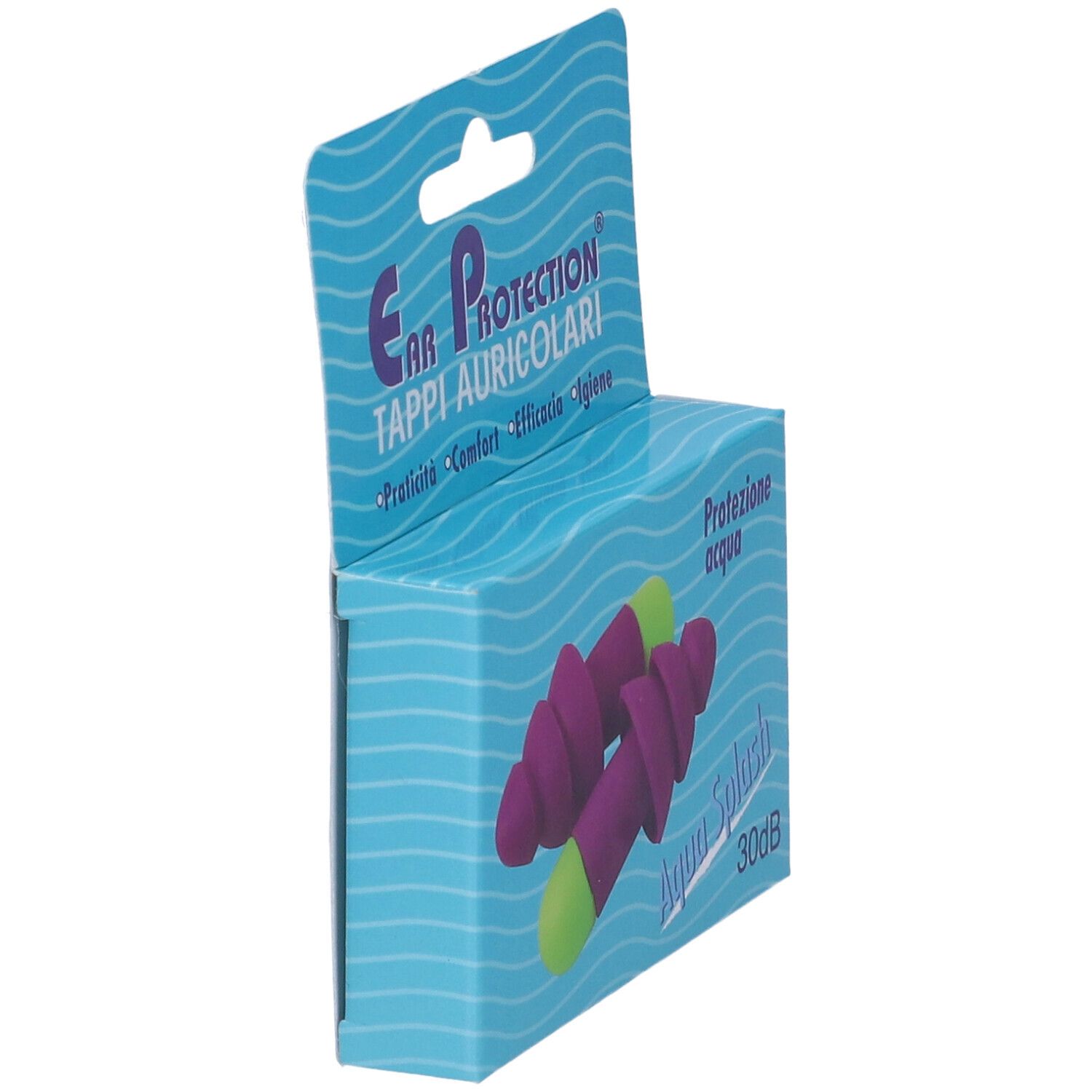 Tappi per le orecchie in confezione. Tappi viola e verdi. Confezione con scritta 'Ear Protection' e 'Aqua Splash'.