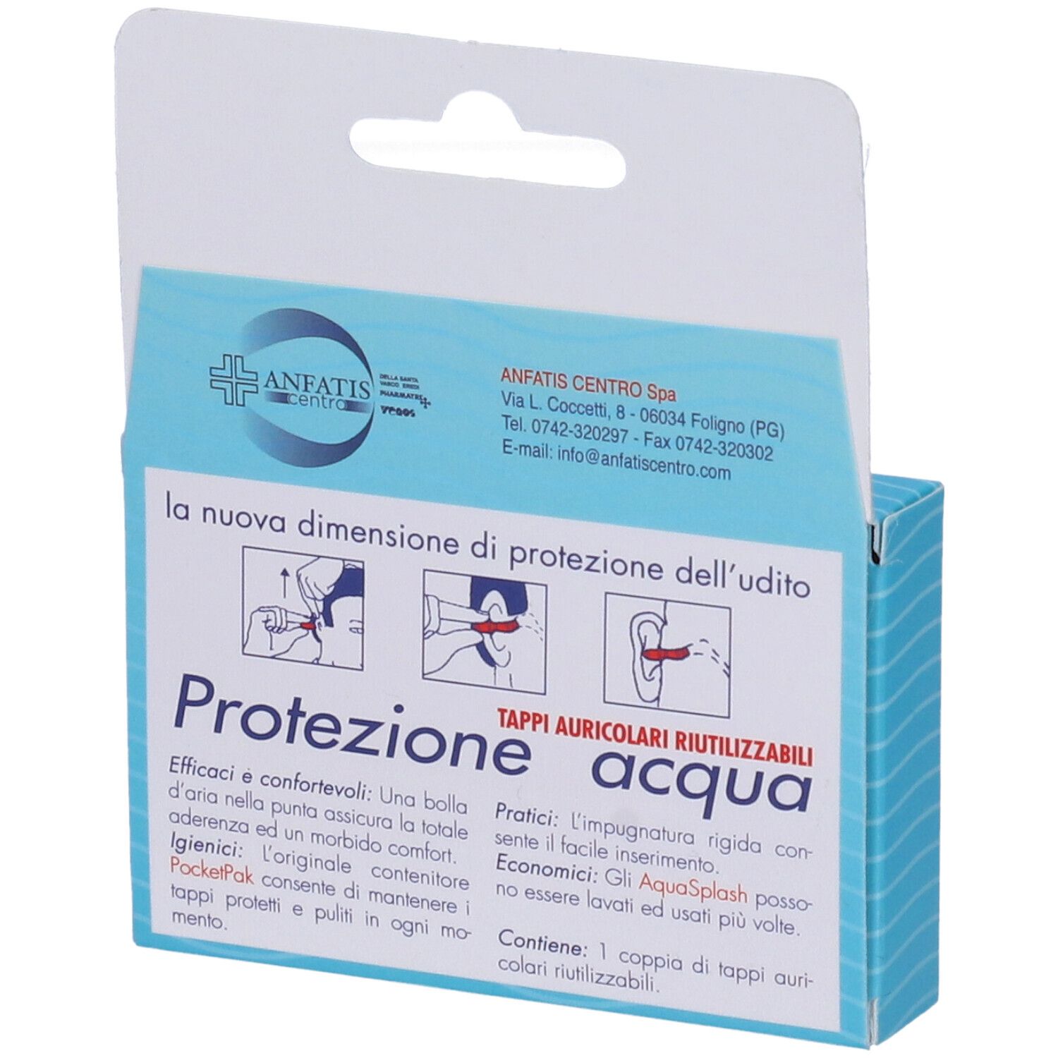 Retro della confezione con informazioni. Testo sulla protezione dell'udito e tappi riutilizzabili. Logo 'Anfatis Centro'.
