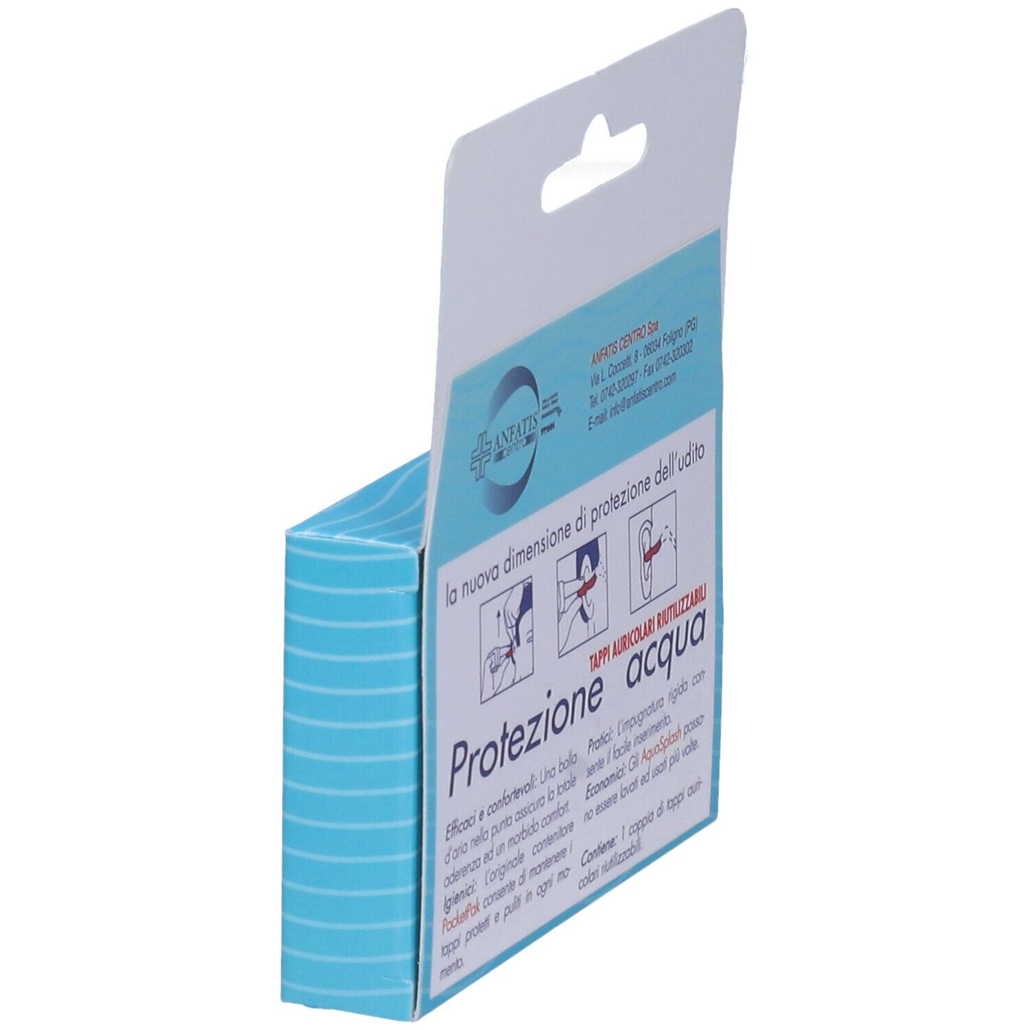 Vista laterale della confezione con informazioni. Testo sulla protezione dell'udito e tappi riutilizzabili. Logo 'Anfatis Centro'.