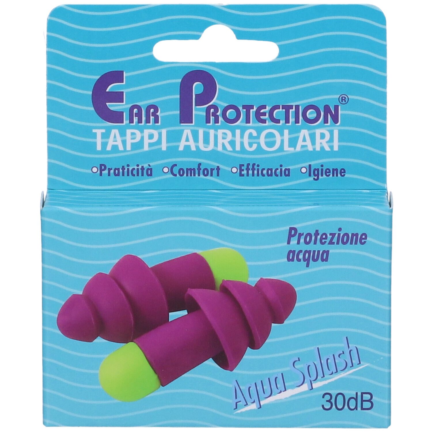 Tappi per le orecchie in confezione. Tappi viola e verdi. Confezione con scritta 'Ear Protection' e 'Aqua Splash'.